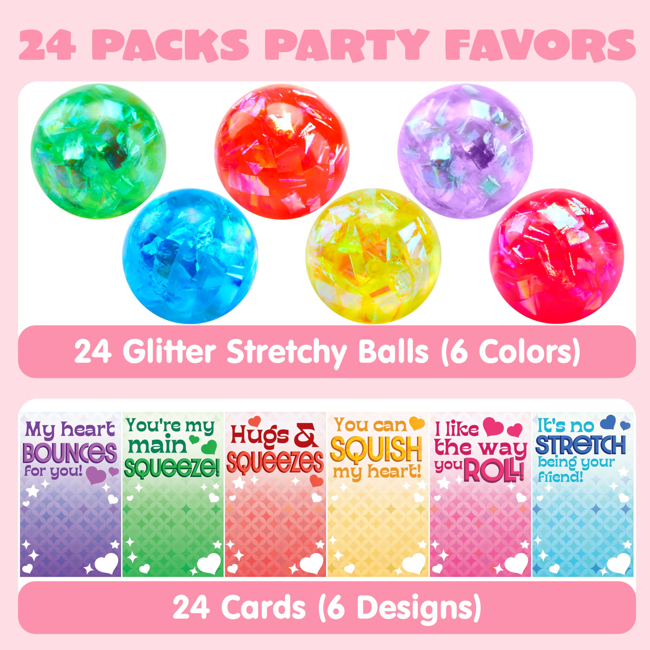 JOYIN 24 Packs Valentine's Day Stretchy Balls with Cards, Classroom Exchange Gift for Kids, Valentine's Party Favors, Classroom and Holiday Reward Prizes, Stress Relief Stretch Balls