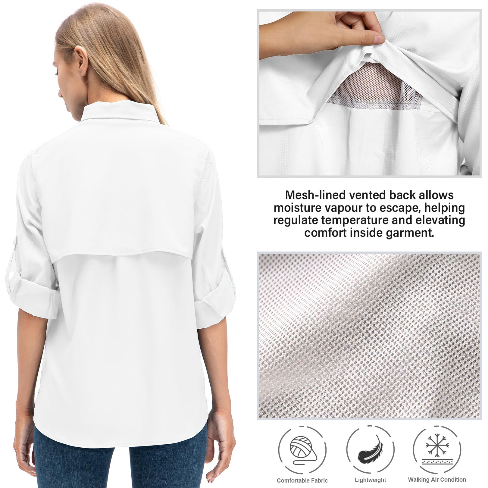 Womens Safari Shirts Long Sleeve Outdoor Sun Protection Quick Dry Fishing Hiking Shirts (5026 White XXL)