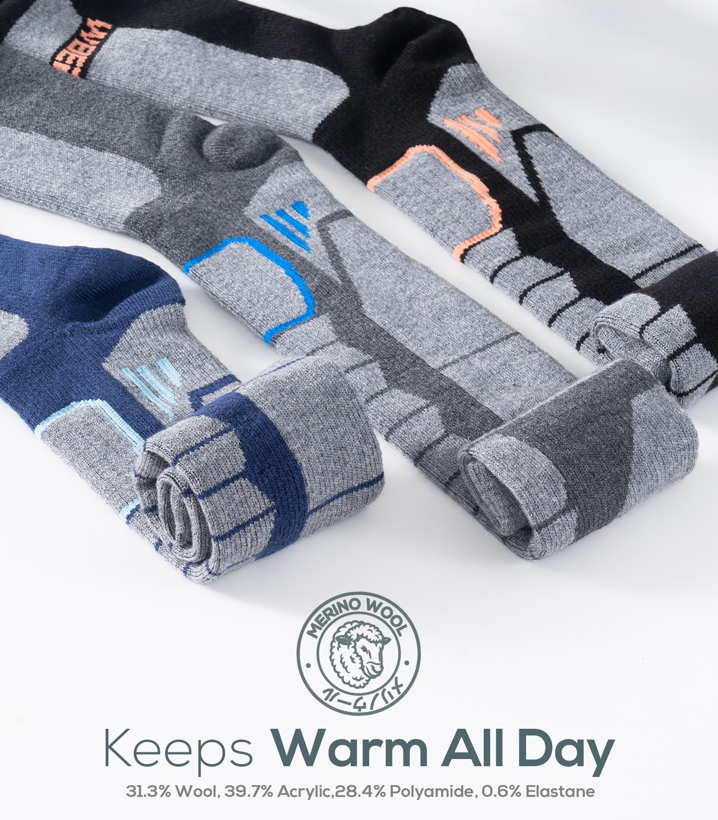WEIERYA Ski Sock Merino Wool Ski Socks Mens Womens Skiing & Snowboarding Socks, Over The Calf (US, Alpha, Large, Regular, Regular, 2, Blue)