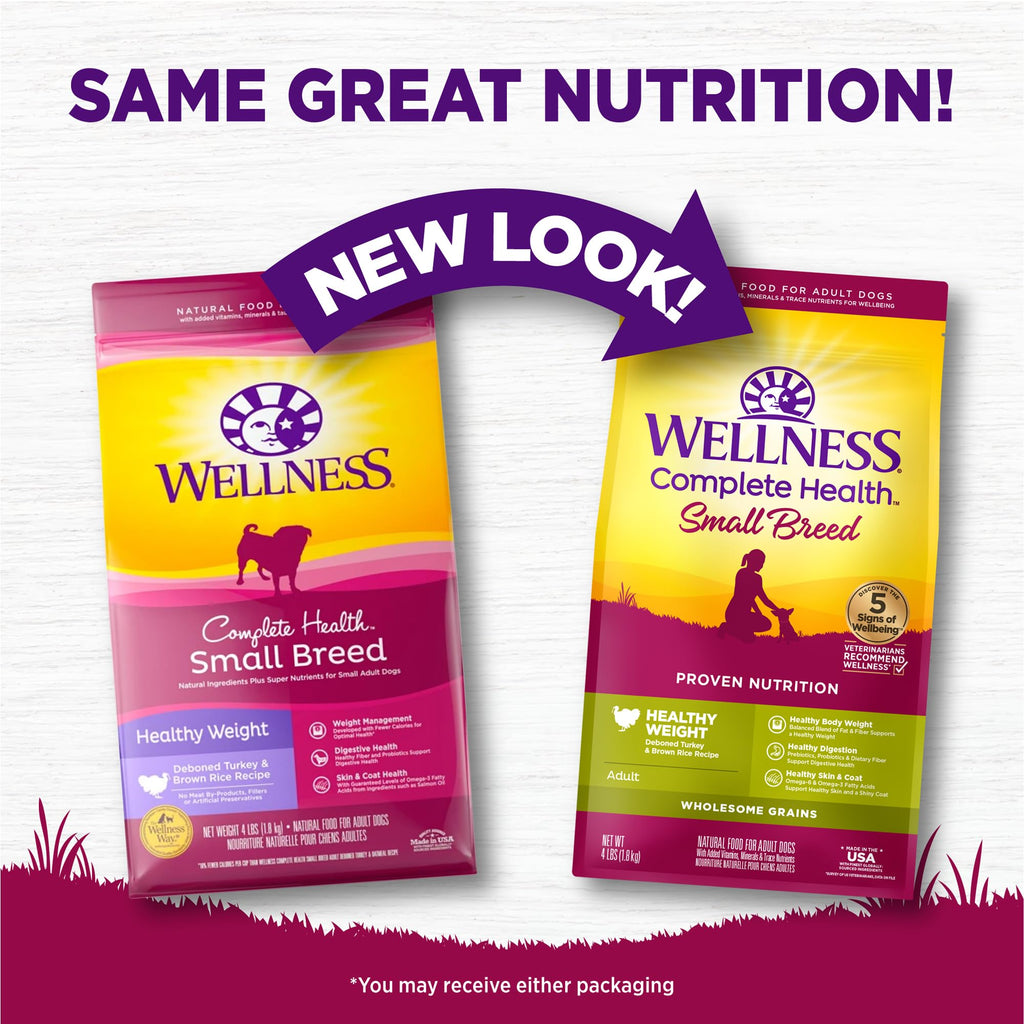 Wellness Complete Health Dry Dog Food, Small Breed, Wholesome Grains, Natural, Healthy Weight Turkey & Brown Rice Recipe, (4-Pound Bag)