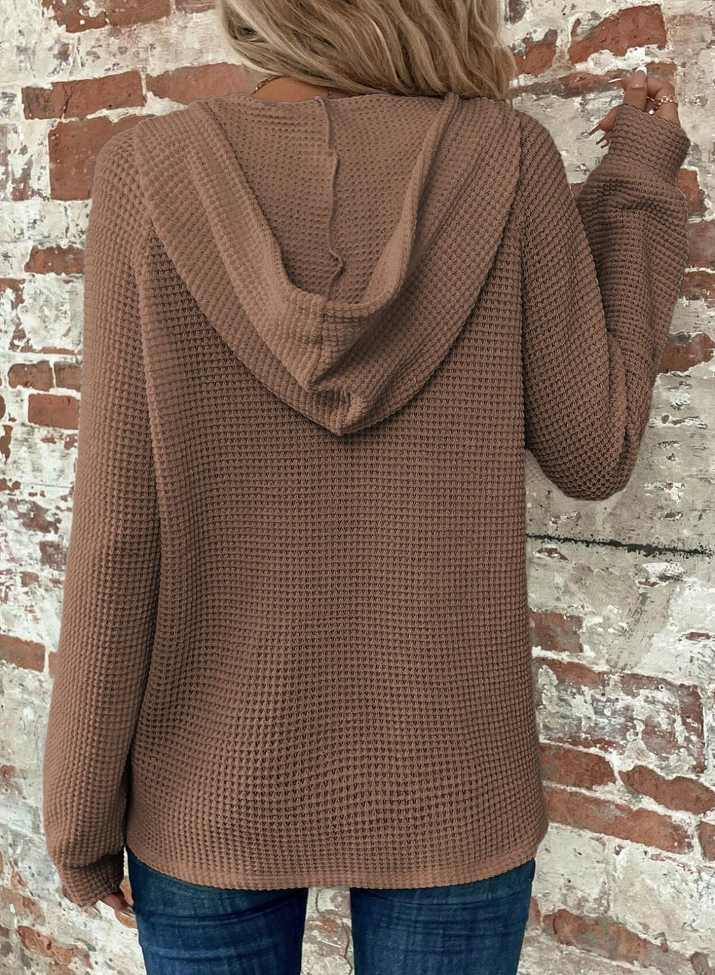 Dokotoo Women's Casual Hoodies Chocolate Brown Fall Clothes Long Sleeve Waffle Knit Drawstring Sweatshirt Button V Neck Lightweight Pullover Hoodie Tops Sweatshirts Fashion Outfits 2025 Large
