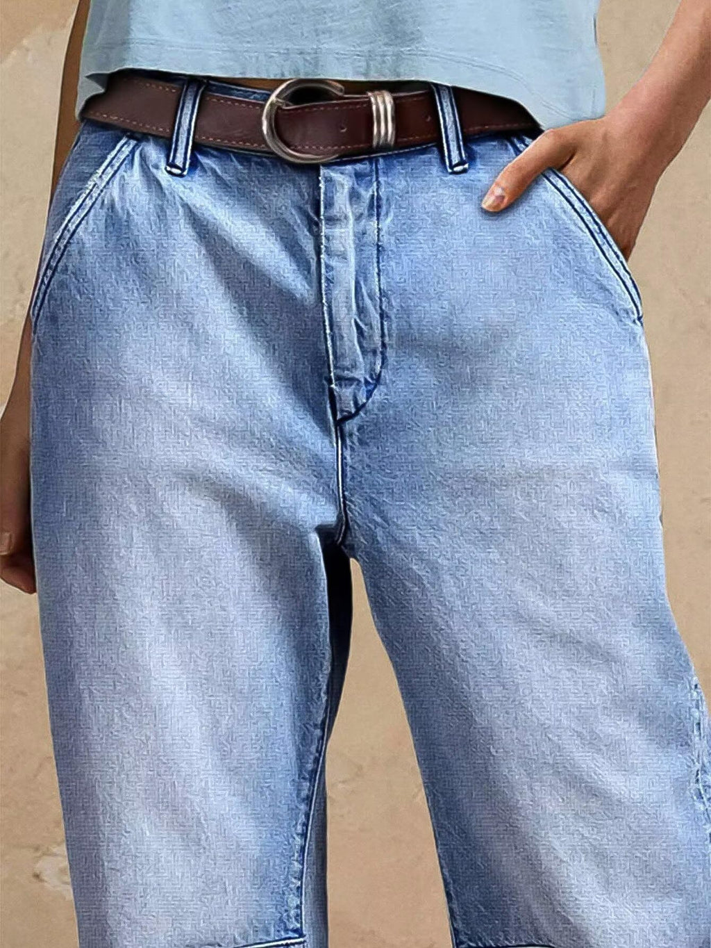 Flamingals Straight Leg Jeans for Women Mid Rise Barrel Cropped Casual Wash Stitch Detail Denim Jeans Without Belt Light Blue L