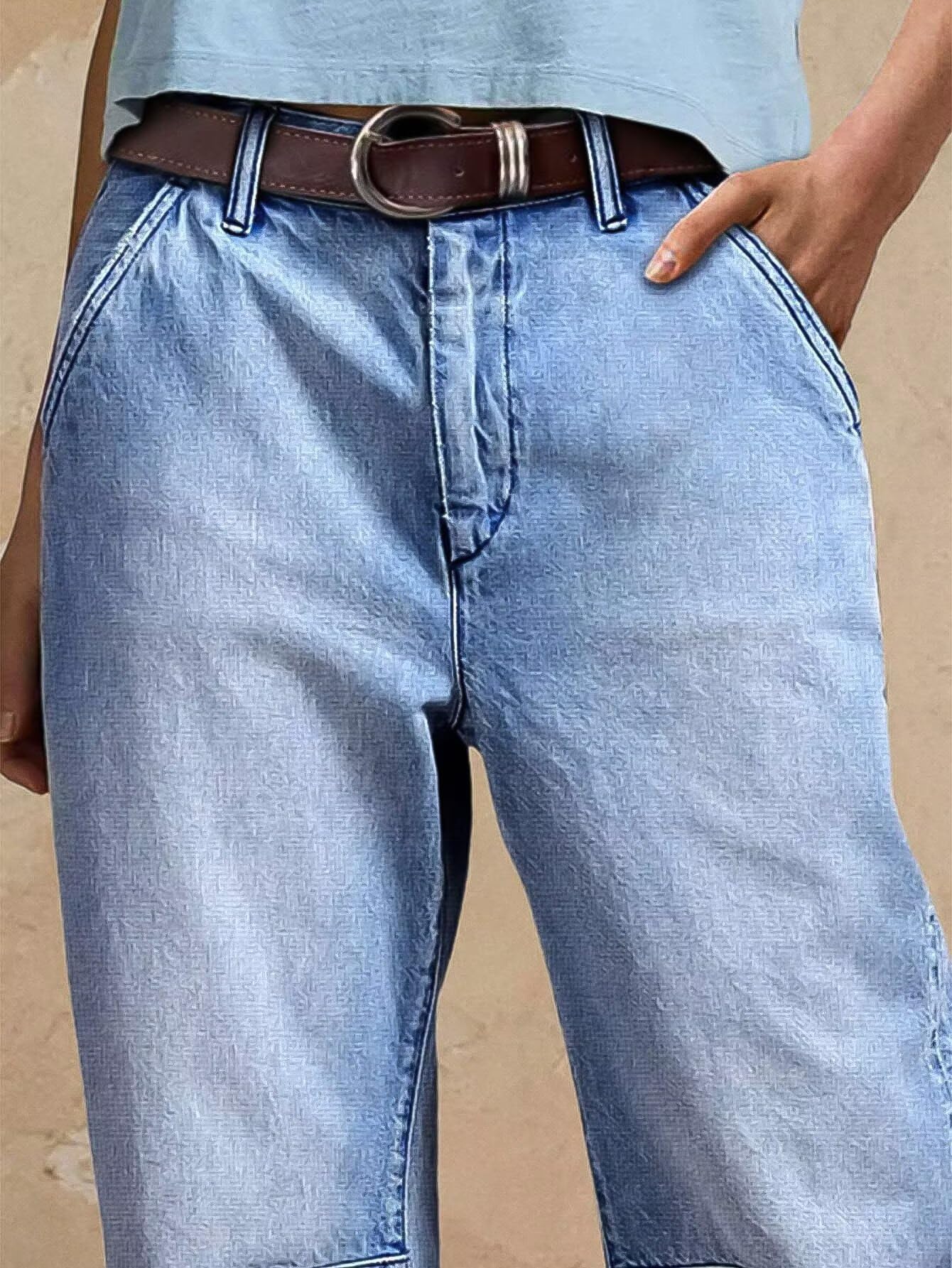 Flamingals Straight Leg Jeans for Women Mid Rise Barrel Cropped Casual Wash Stitch Detail Denim Jeans Without Belt Light Blue L
