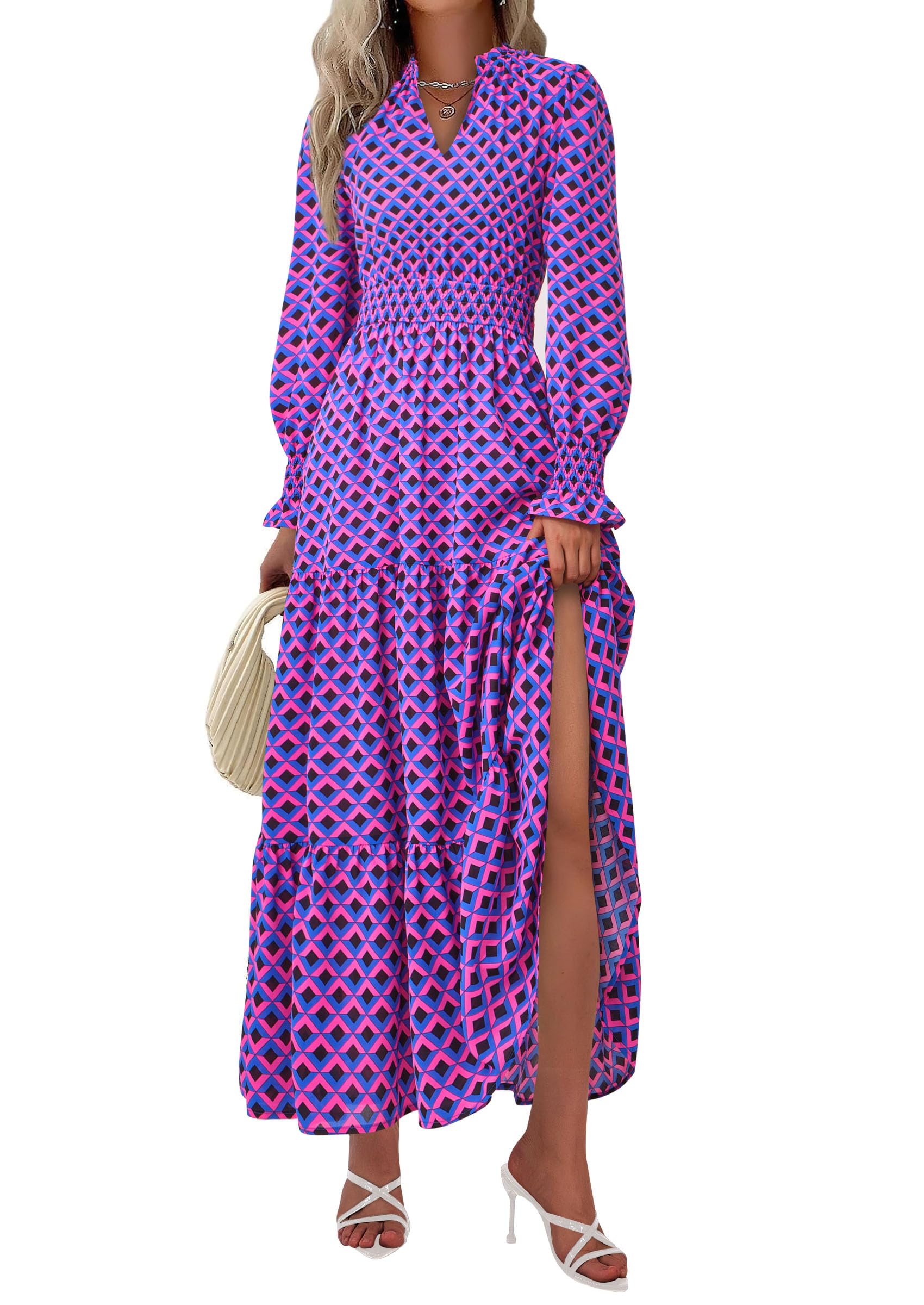 PRETTYGARDEN Women's Floral Maxi Dress 2026 Fall Long Sleeve V Neck A Line Long Flowy Spring Party Boho Dresses (Plaid Blue Pink,Large)