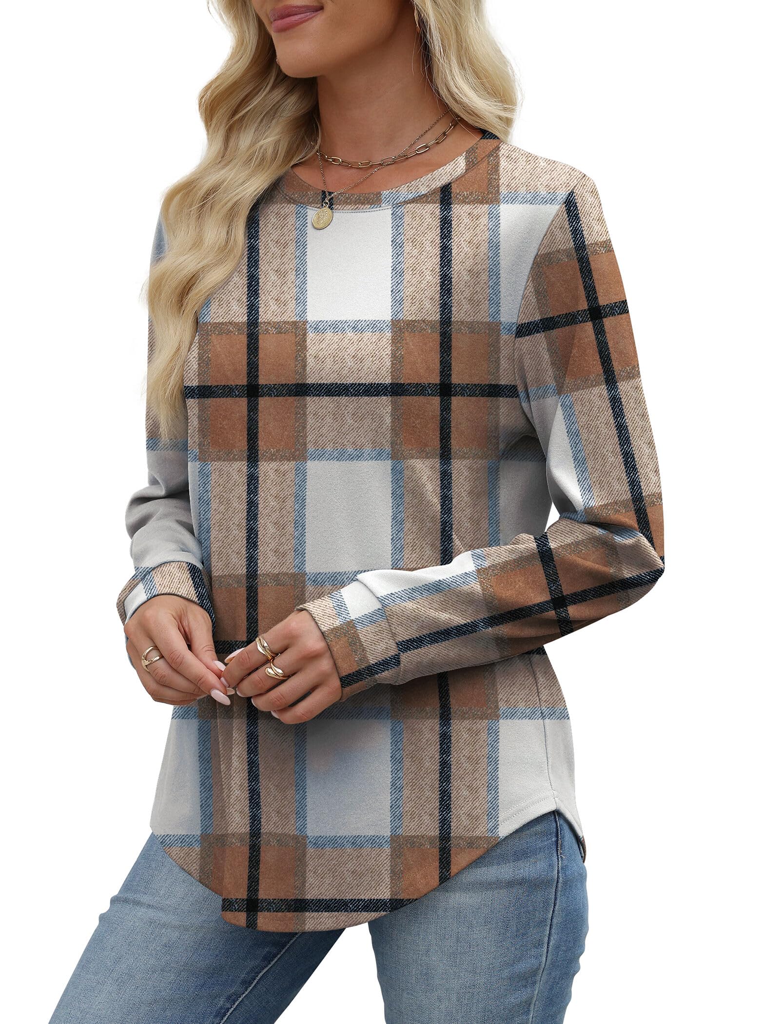 WIHOLL Womens Early Fall Fashion 2026 Outfits School Teachers Long Sleeve Shirts Sweatshirts Winter Sweaters Maternity Clothes Caramel Plaid M