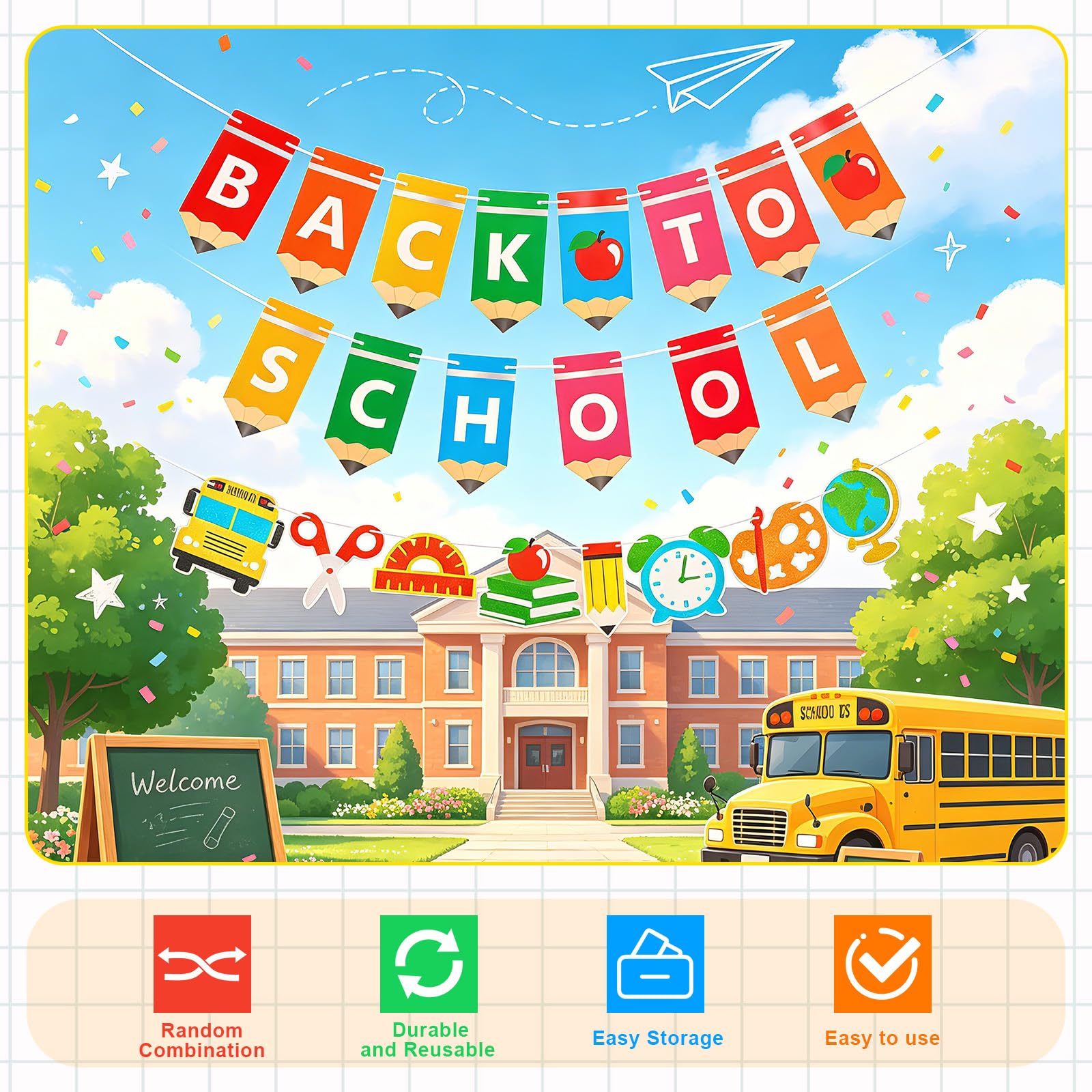 Back to School Decorations Set, First Day of School Banner for Classroom