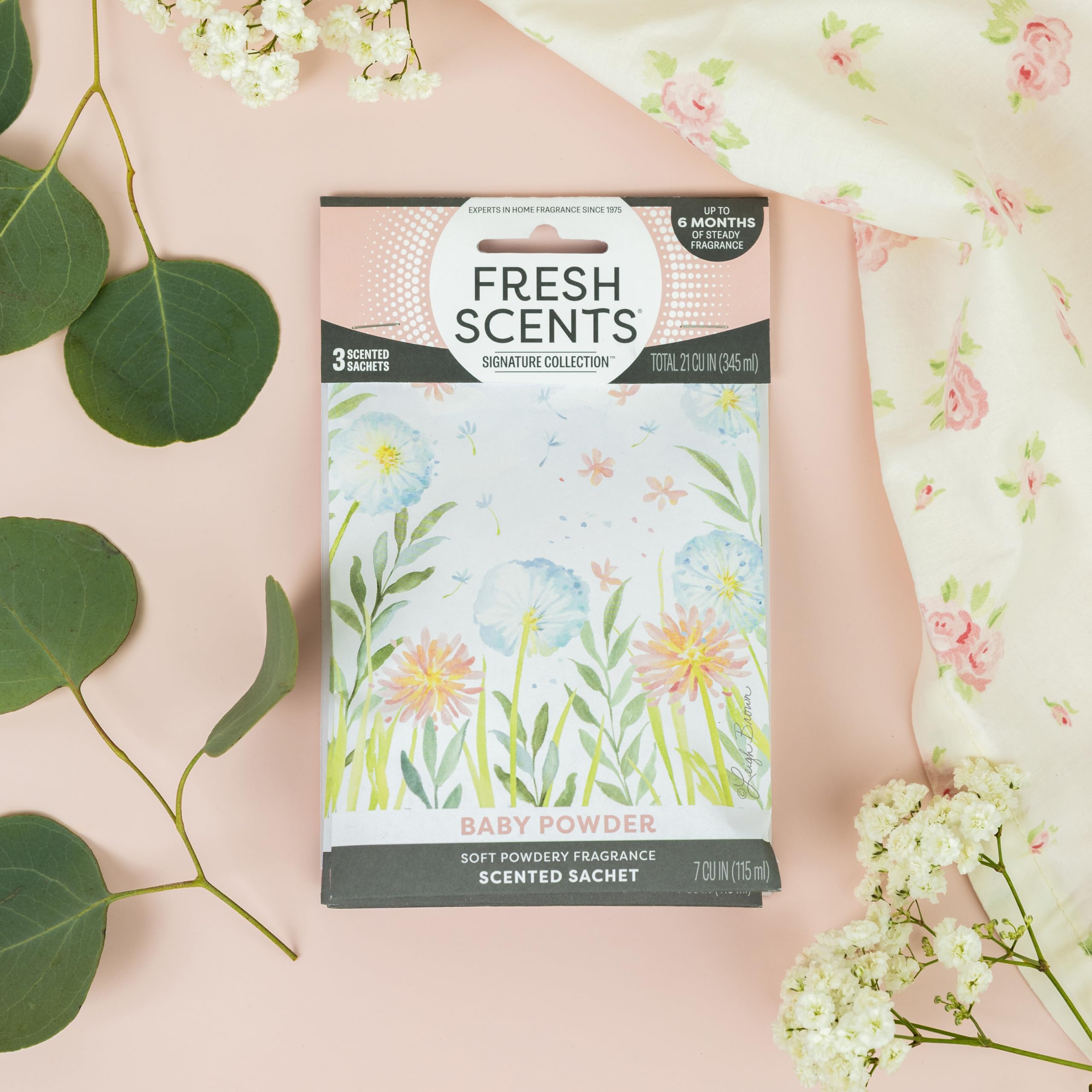 Fresh Scents Scented Sachets | Baby Powder | Home Fragrance | Long Lasting (Up to 6 Months) | Air Freshener for Closets, Drawers, & Cars | 6 Pack
