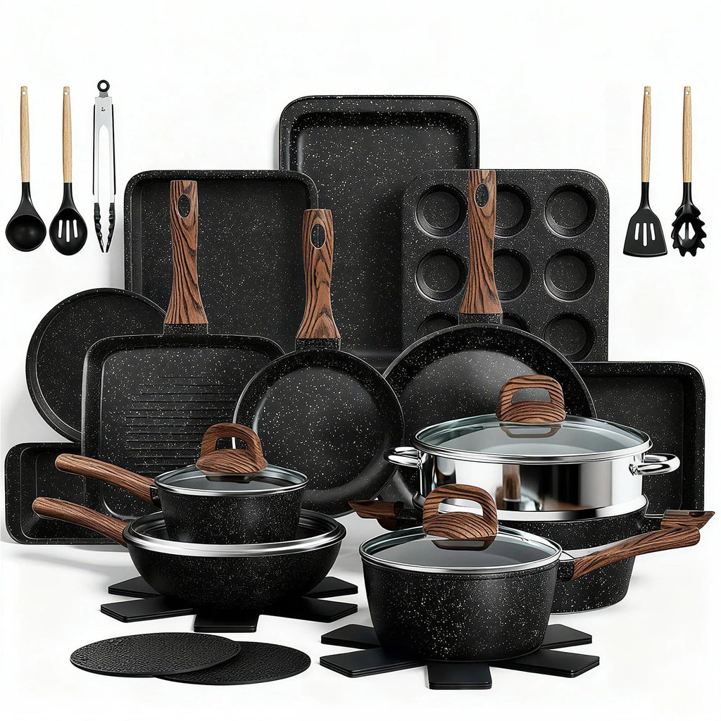 Pots and Pans Set Non Stick, 31 Piece Kitchen Induction Cookware & Bakeware Set, Nonstick Kitchen Cooking Pans Set with Frying Pans Set Grill Pan Saucepan Baking Sheet & Utensils, PFOA Free