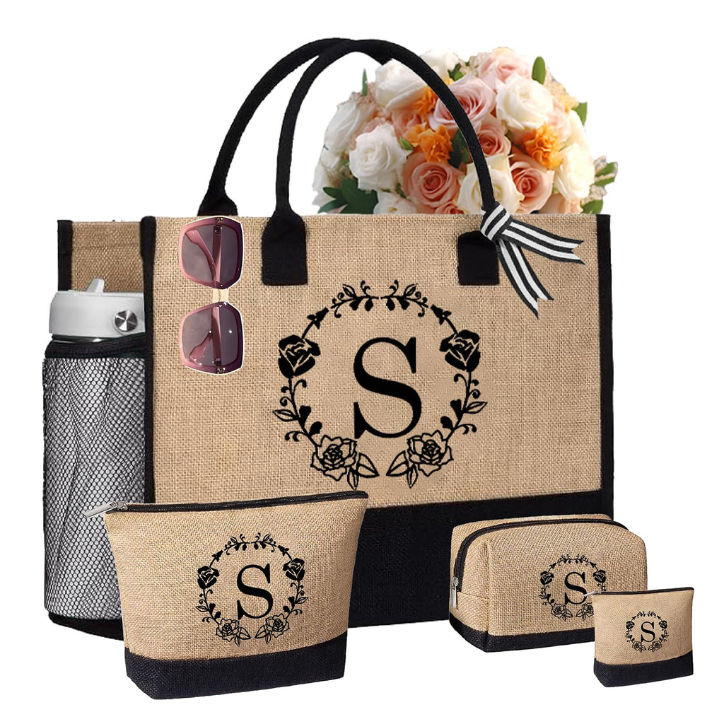Initial Tote Bag & 3 Makeup Bags, Personalized Mothers Day Gifts for Women, Beach Tote Bag for women w/Zipper, Birthday Gifts for Women Mom Her Girlfriend Wife Sister Friend Daughter(S 4Pcs)