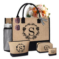 Initial Tote Bag & 3 Makeup Bags, Personalized Mothers Day Gifts for Women, Beach Tote Bag for women w/Zipper, Birthday Gifts for Women Mom Her Girlfriend Wife Sister Friend Daughter(S 4Pcs)