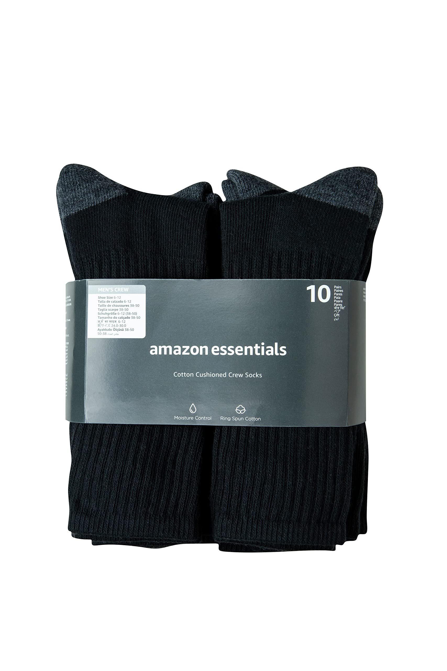 Amazon Essentials Men's Standard 10-Pack Cotton Half Cushioned Crew Socks, Black, Shoe Size: 6-12