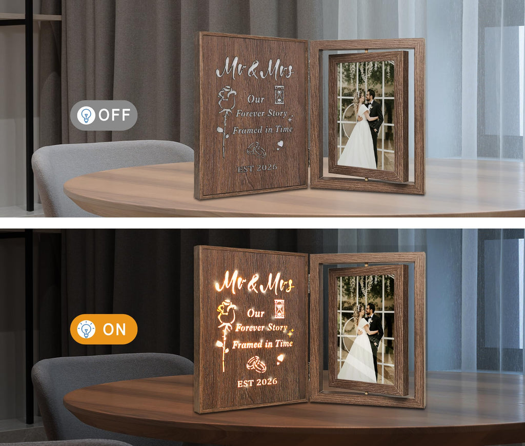 EYITUPC Wedding Gifts for Couples 2026 Light Up Mr and Mrs Picture Frame, Bridal Shower Gifts for Bride Groom, Rotating Wedding Photo Frames 4x6 for 2 Pictures