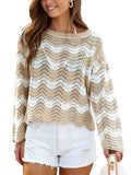 CUPSHE Women's Crochet Cover Up Long Sleeve Striped Beach Cover Up Top Summer Casual Knit Tops for Swimwear(Top Only) Neutral Stripes, M