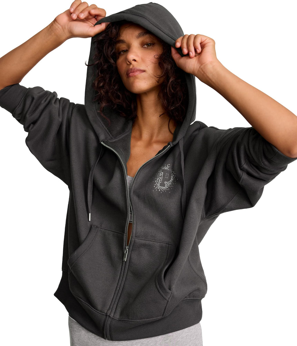 Victoria's Secret PINK Women's Campus Fleece Full-Zip Hoodie Sweatshirt, Coal, (M)