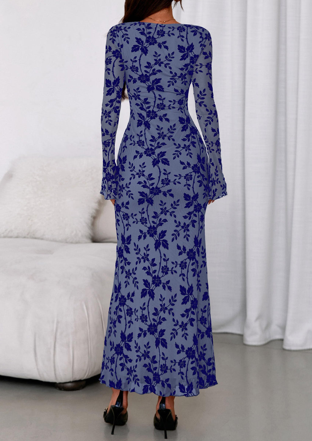 PRETTYGARDEN Women's Floral Bodycon Maxi Dress 2026 Spring Elegant Mesh Long Sleeve Formal Wedding Guest Cocktail Dresses (Dusty Blue,XX-Large)
