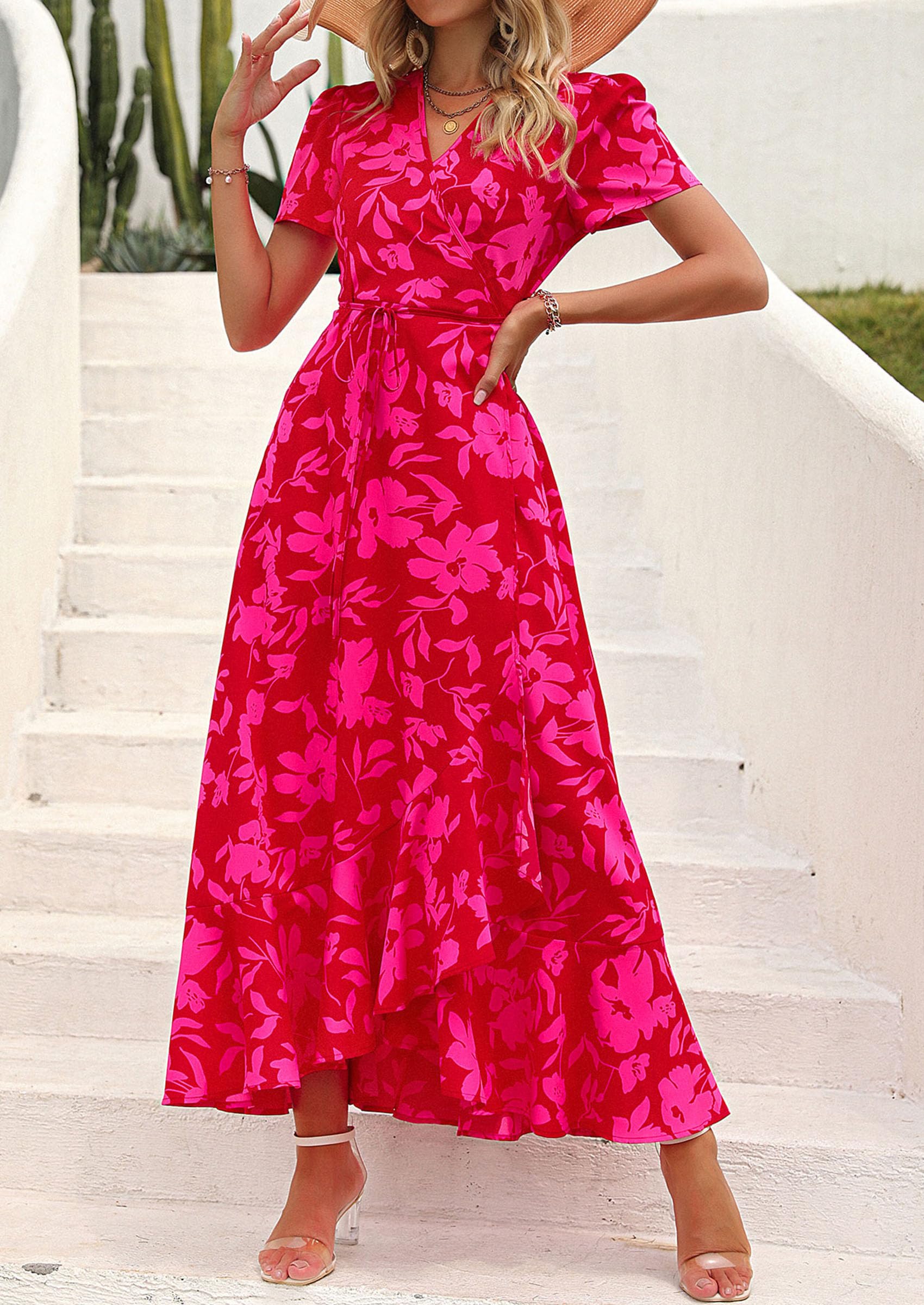 PRETTYGARDEN Women's Summer Wrap Maxi Dress Casual Boho Floral V Neck Short Sleeve Ruffle Hem Split Beach Long Dresses (Red Floral,Large)
