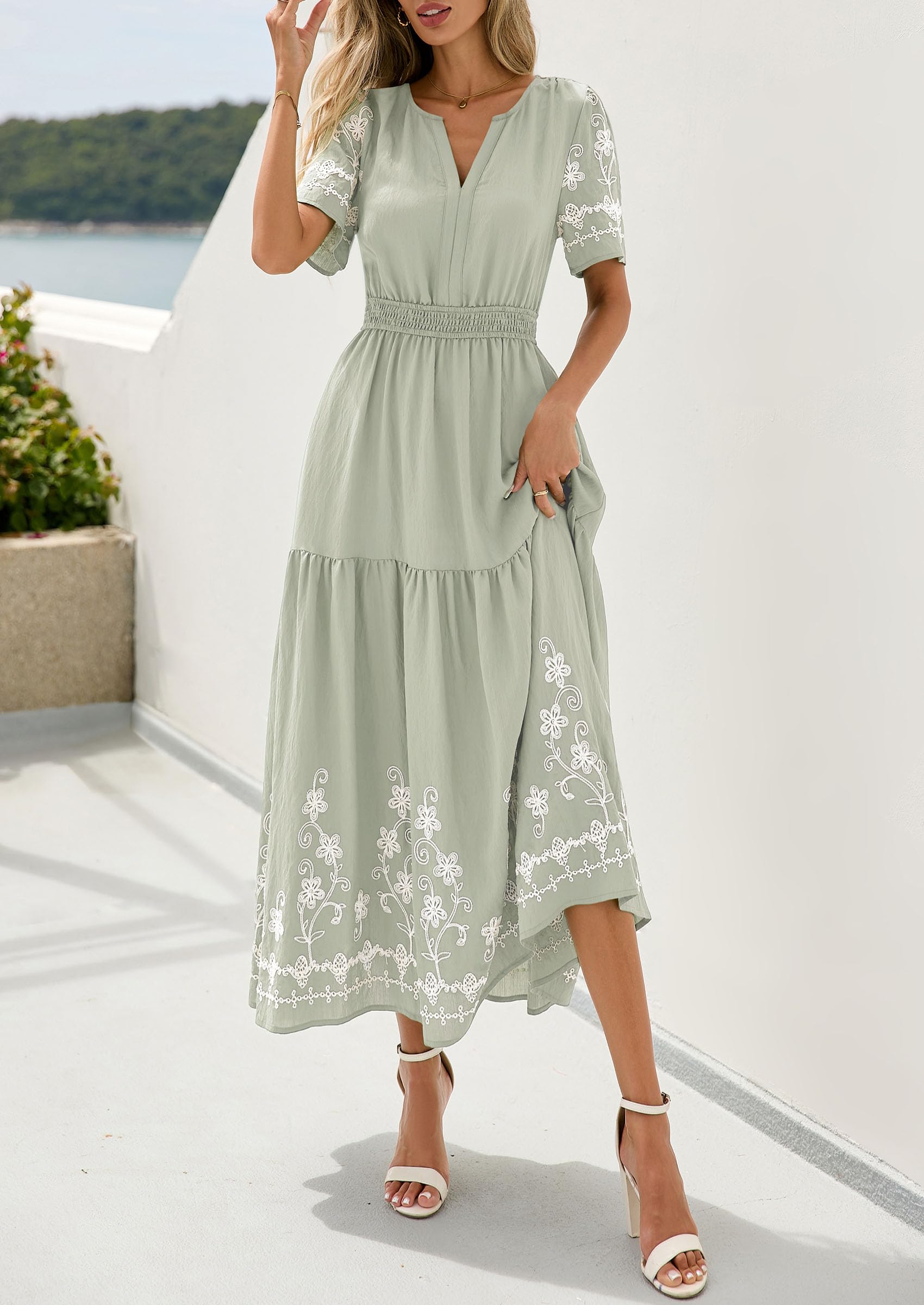 PRETTYGARDEN Women's Summer Boho Maxi Dress 2026 Spring Floral Short Sleeve V Neck A Line Flowy Beach Wedding Guest Dresses (Light Green,XX-Large)