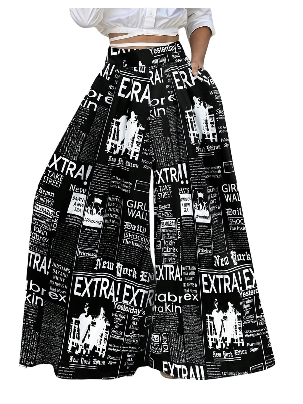 WDIRARA Women's Newspaper Print Wide Leg Pants Elastic Waist Loose Funky Letter Print Palazzo Pants Deep Black Large