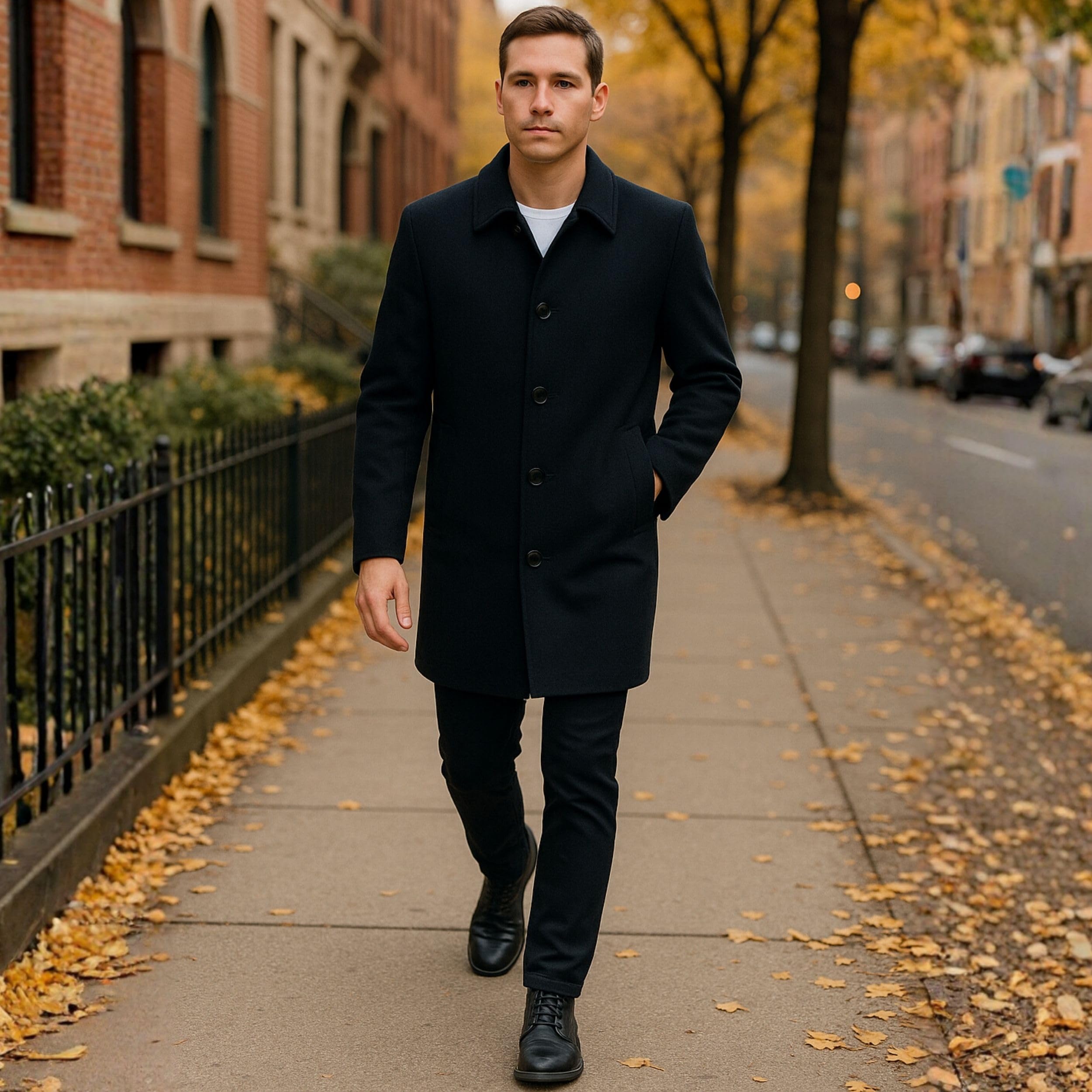 Alpine Swiss Orson Mens Wool Blend Car Coat Tailored Long Topcoat for Men Single Breasted Overcoat Winter Jacket BLK XL