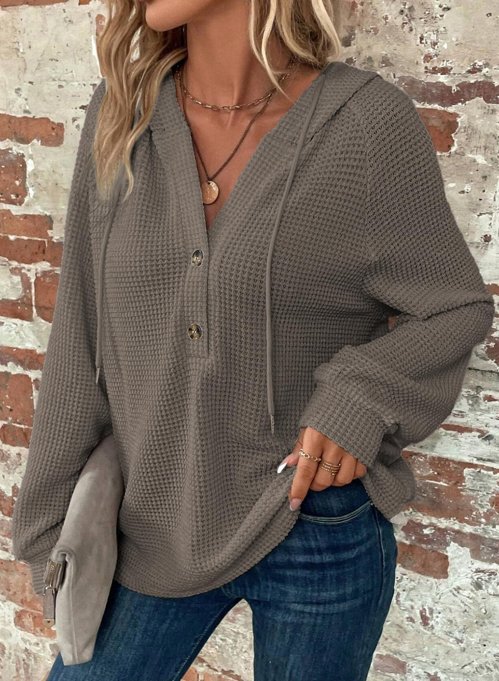 Dokotoo Womens Sweatshirt Fashion Outfits Fall Clothes 2025 Oversized Hoodies Sweatshirts Waffle Knit Drawstring Button V Neck Long Sleeve Sweater Casual Loose Solid Color Hooded Tops Grey Large