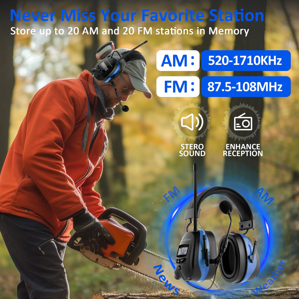 Upgraded Bluetooth 5.4 Radio Headphone with Gel Ear Pads,Ear Hearing Protection Earmuffs with Boom Mic,Rechargeable Battery,Digital AM/FM Radio Headphones for Mowing Yard Lawn Work Outdoor (Blue)