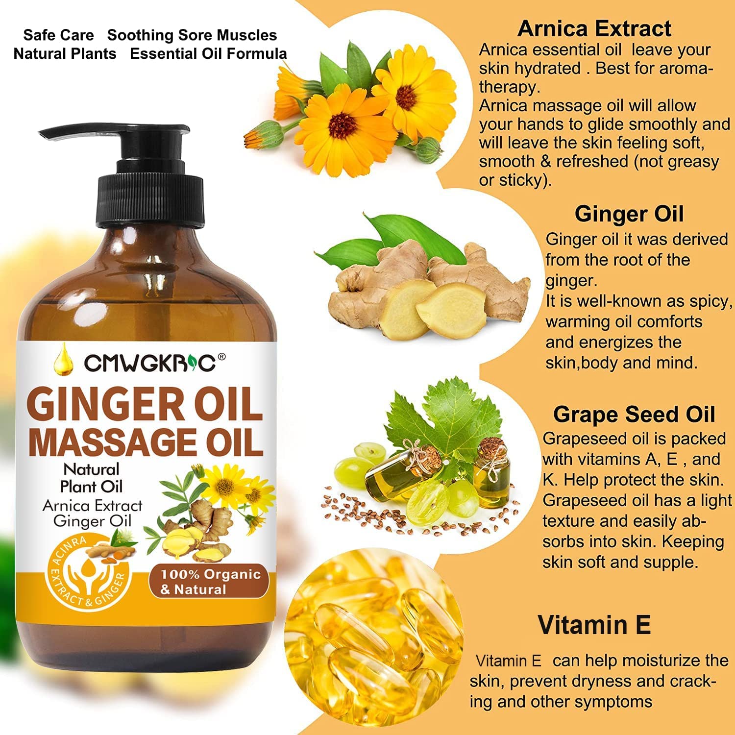 Ginger Oil,Fathers Day Gift,Ginger Massage Oil for Lymphatic Drainage,Natural Body Oil for Skin,Arnica Oil,Sore Muslce Massage Oil,Spa Ginger Oil-Warming and Relaxing for Fathers Day Gift for Husband