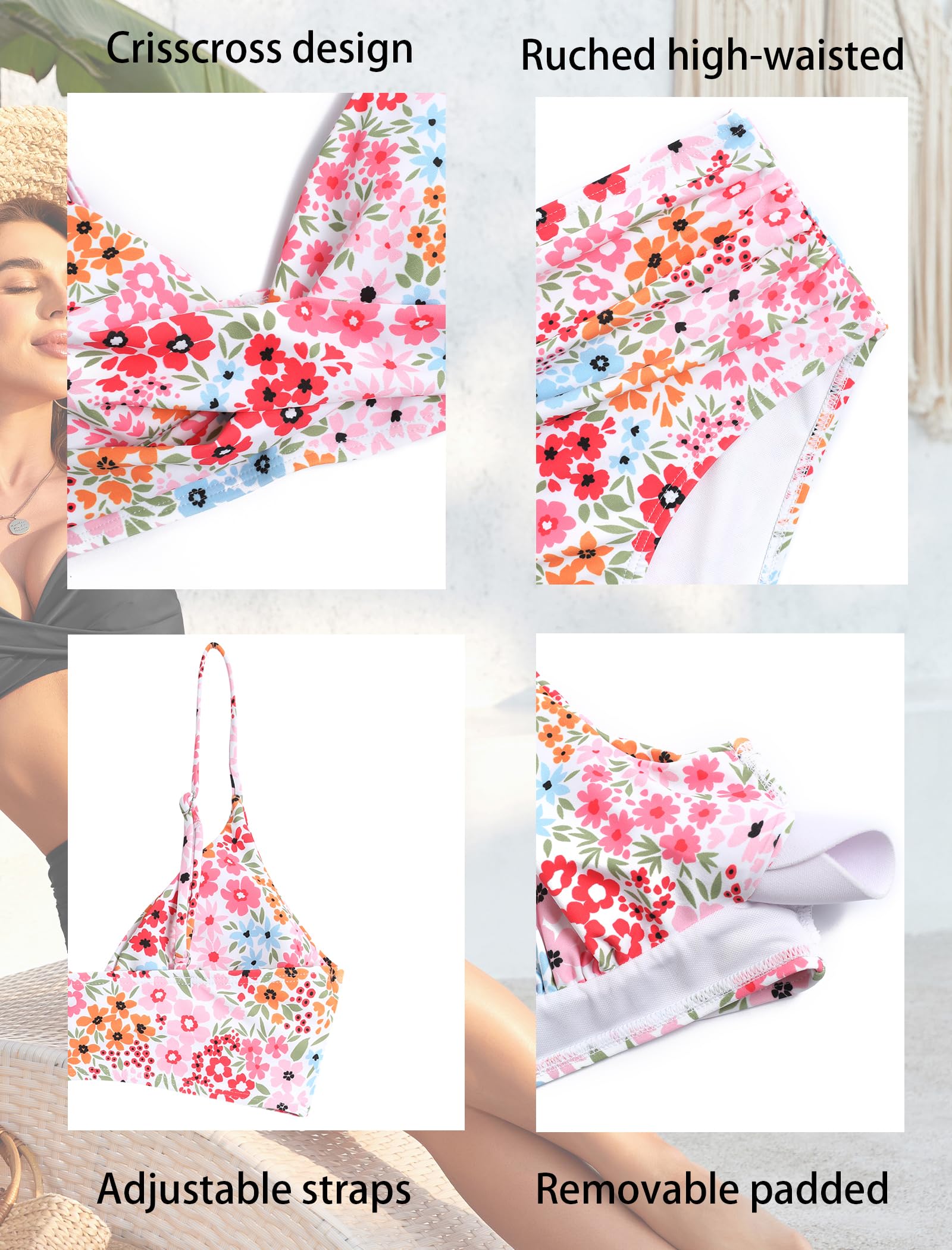 ZAFUL Women High Waisted Bikini Sets Two Piece Swimsuit Push Up Twist Front Ruched Bathing Suit Pink Floral M
