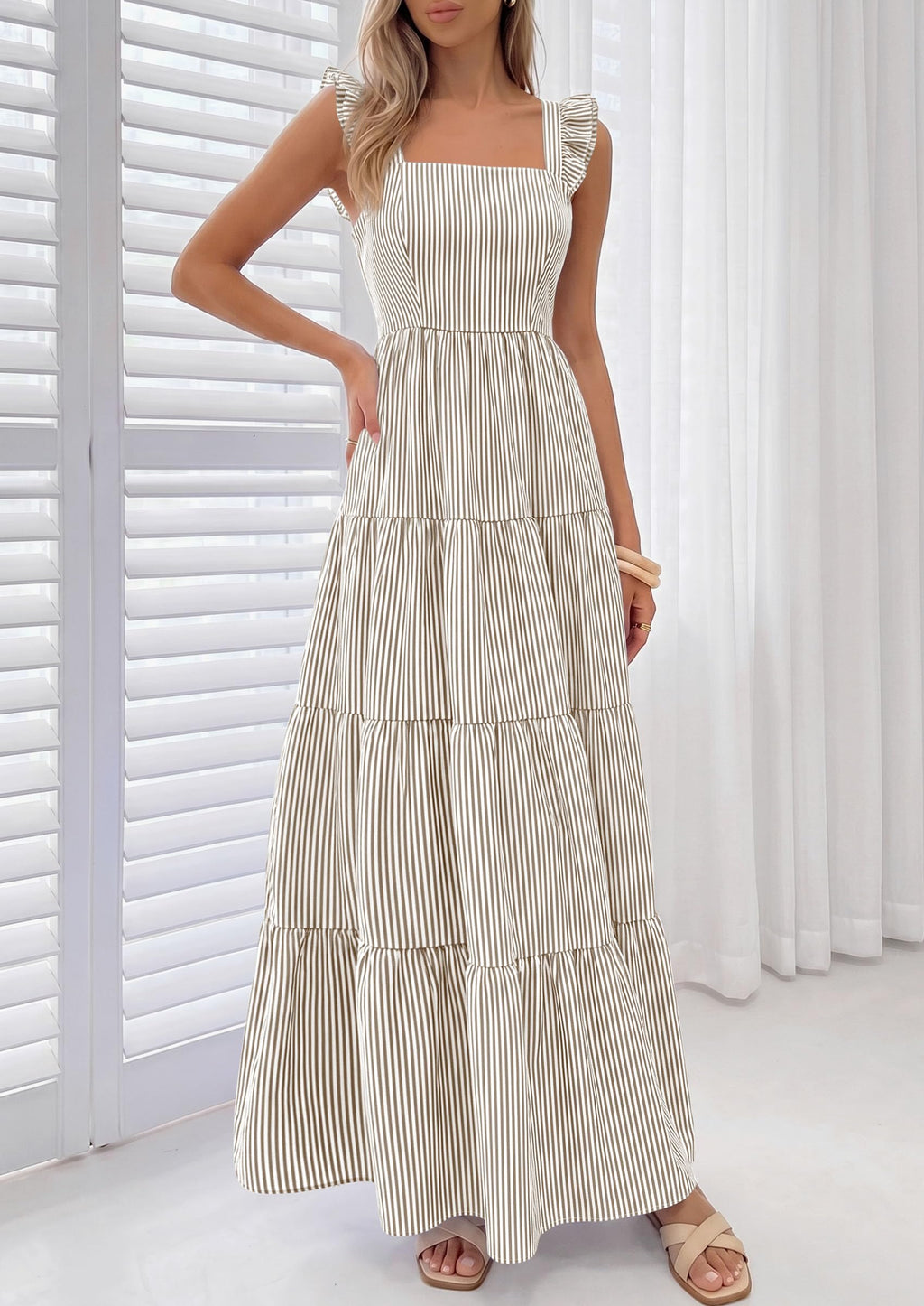 PRETTYGARDEN Womens 2026 Summer Casual Maxi Dresses Striped Square Neck Sleeveless Boho Flowy Sundress Beach Vacation Clothes (Brown,Medium)