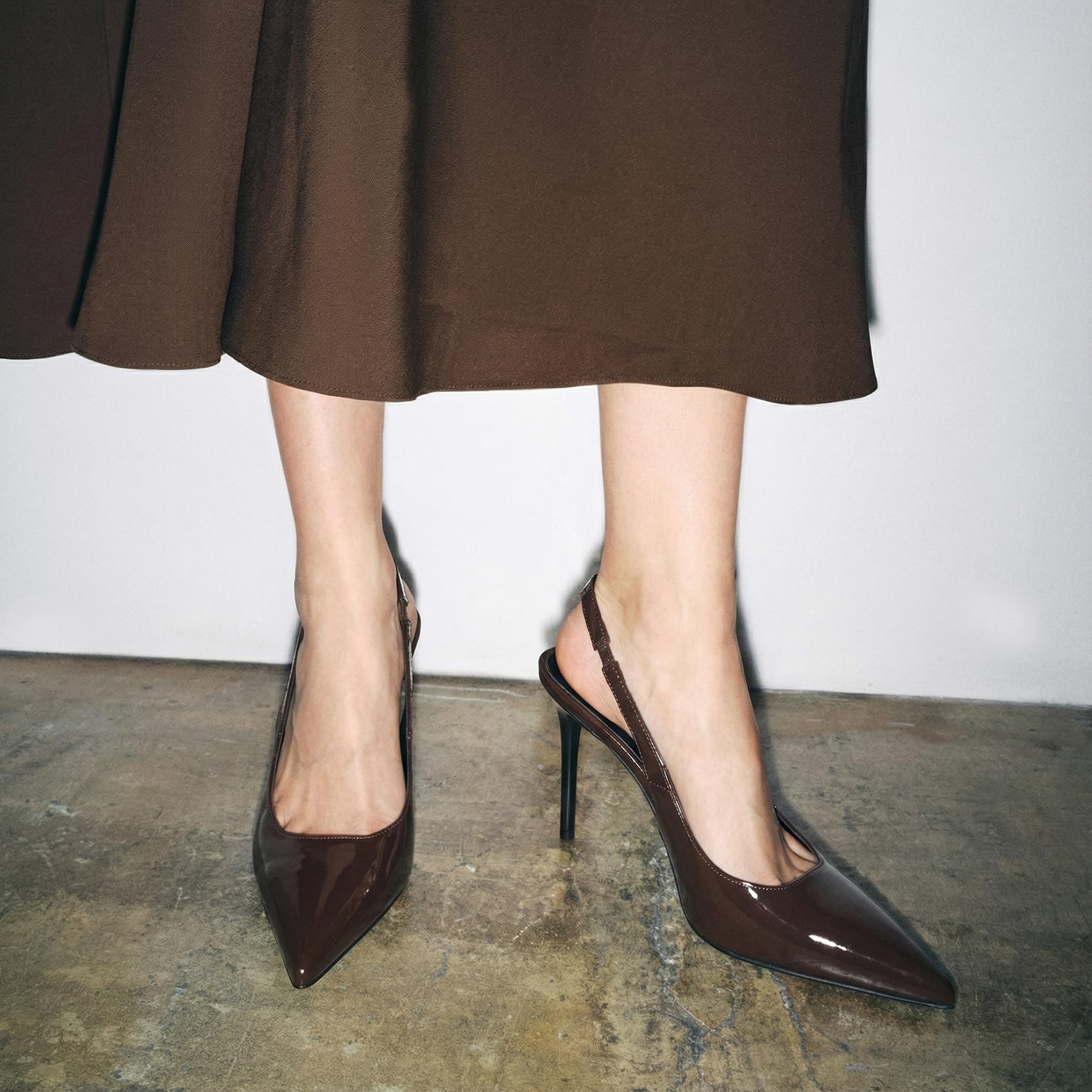 Women's Slingback Stiletto High Heels Pointed Toe Slip On Pumps Shoes Patent Leather Stretch Strap Backless Dress Heels Chocolate