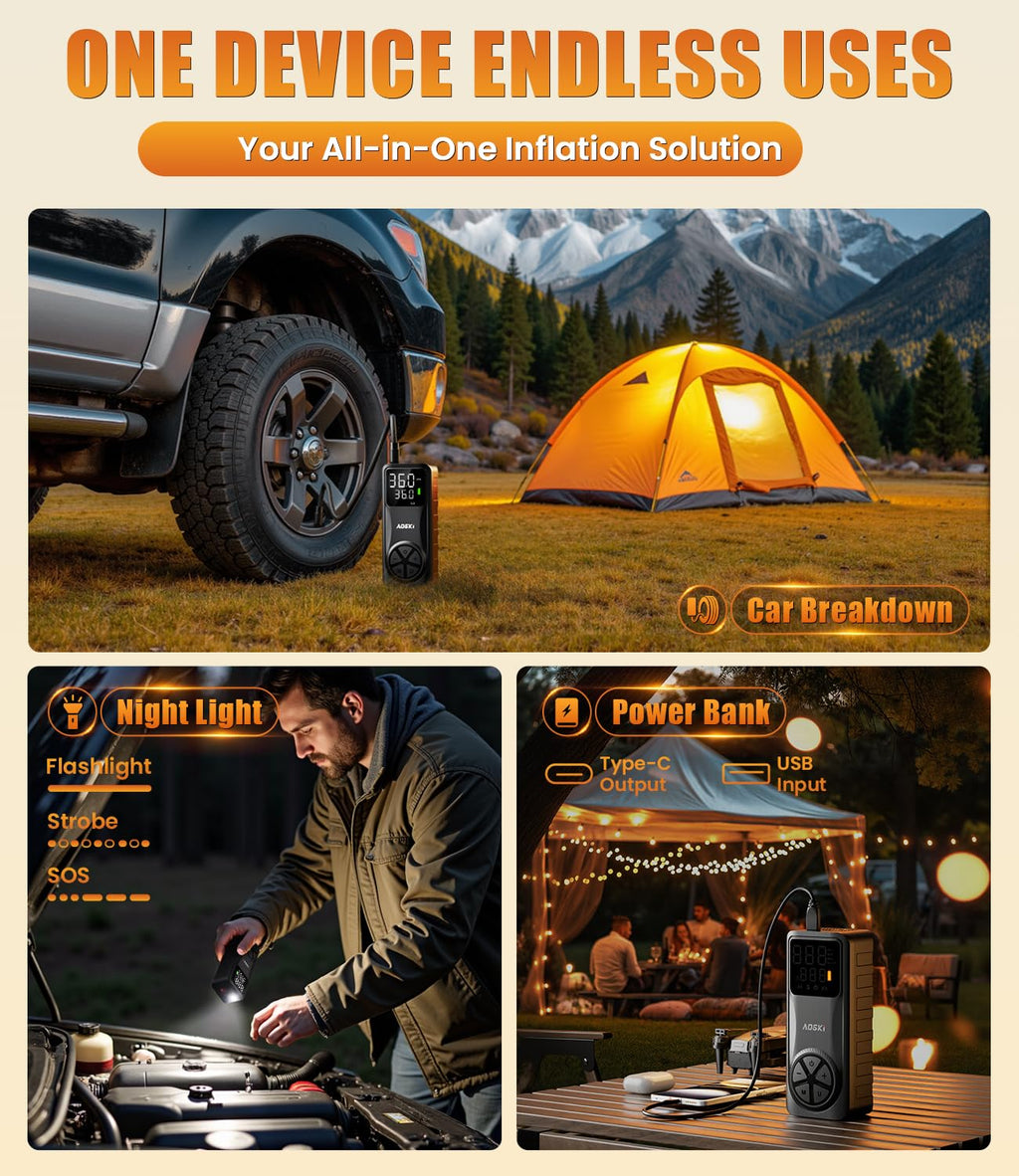 AOSKI Tire Inflator Portable Air Compressor: 150PSI Rechargeable Air Pump with Digital Pressure Gauge, LED Light and Auto Shut-Off - Fast Inflation for Car, Motorcycle, Bike, and Ball - Black