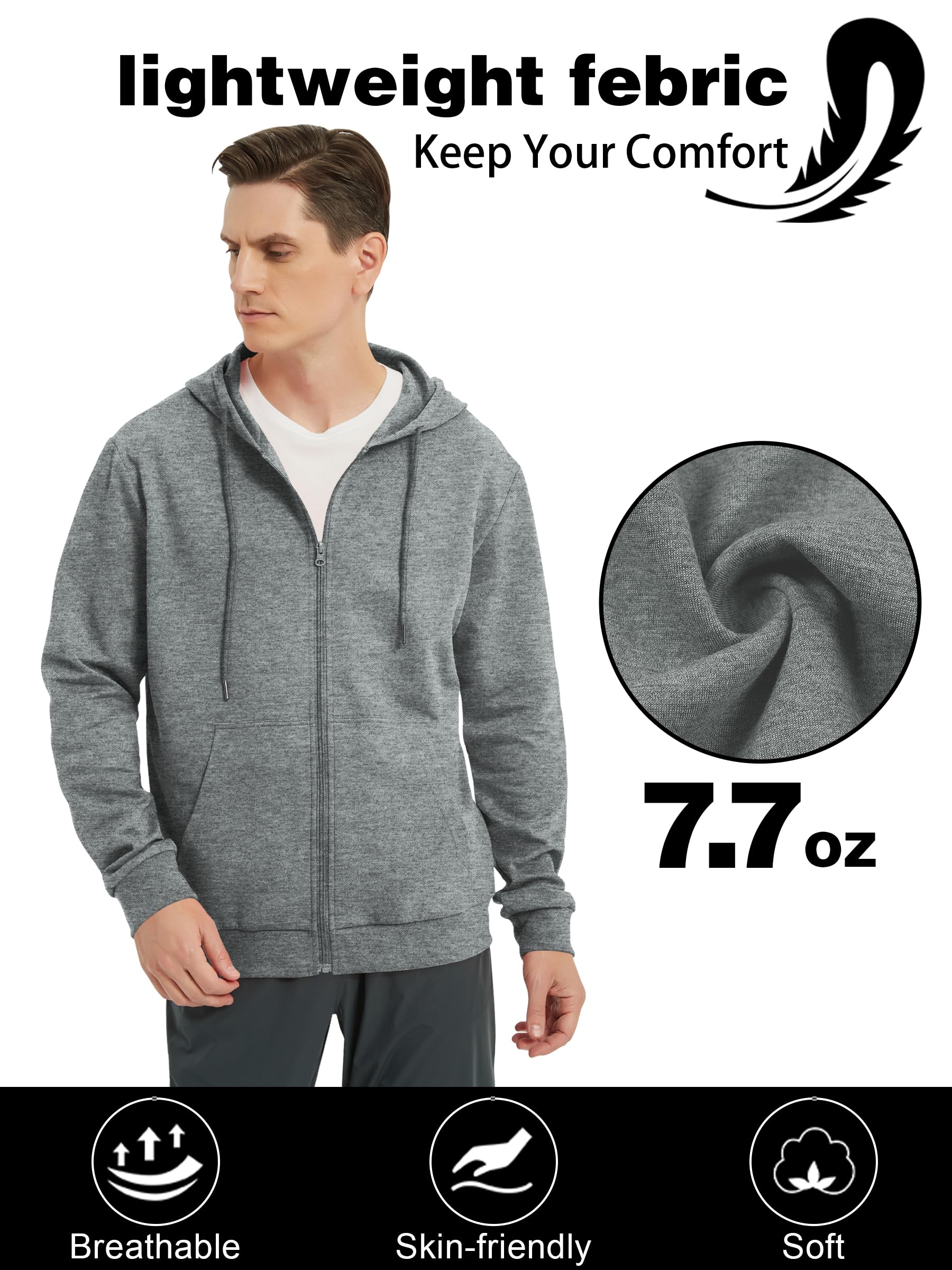ALTHLEMON Men's Lightweight Zip Up Hoodie Long Sleeve Sweatshirt Athletic Slim Fit Basic Jacket with Pockets(Regular & Tall)(Charcoal Heather 3XL)