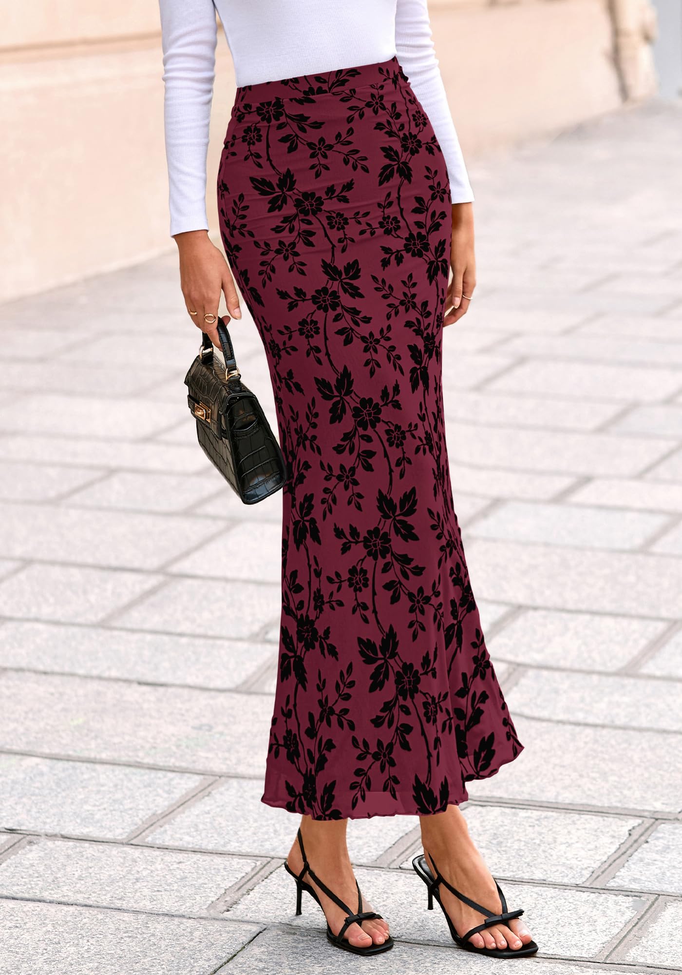 BTFBM Womens Floral Mesh Maxi Skirt 2026 Spring Summer Elastic High Waisted Boho Elegant Mermaid Long Skirts for Women(Burgundy, Medium)