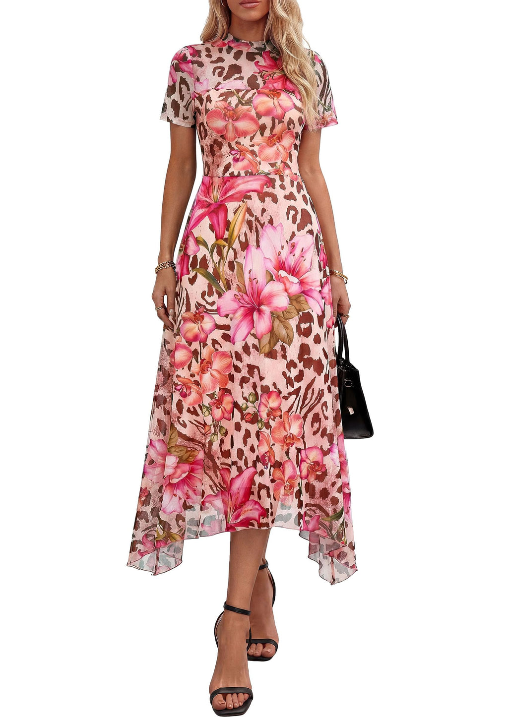 PRETTYGARDEN Cocktail Dresses for Women 2026 Summer Short Sleeve Floral Mesh Sheer Midi Party Wedding Guest Dress (Floral Apricot Leopard,Small)