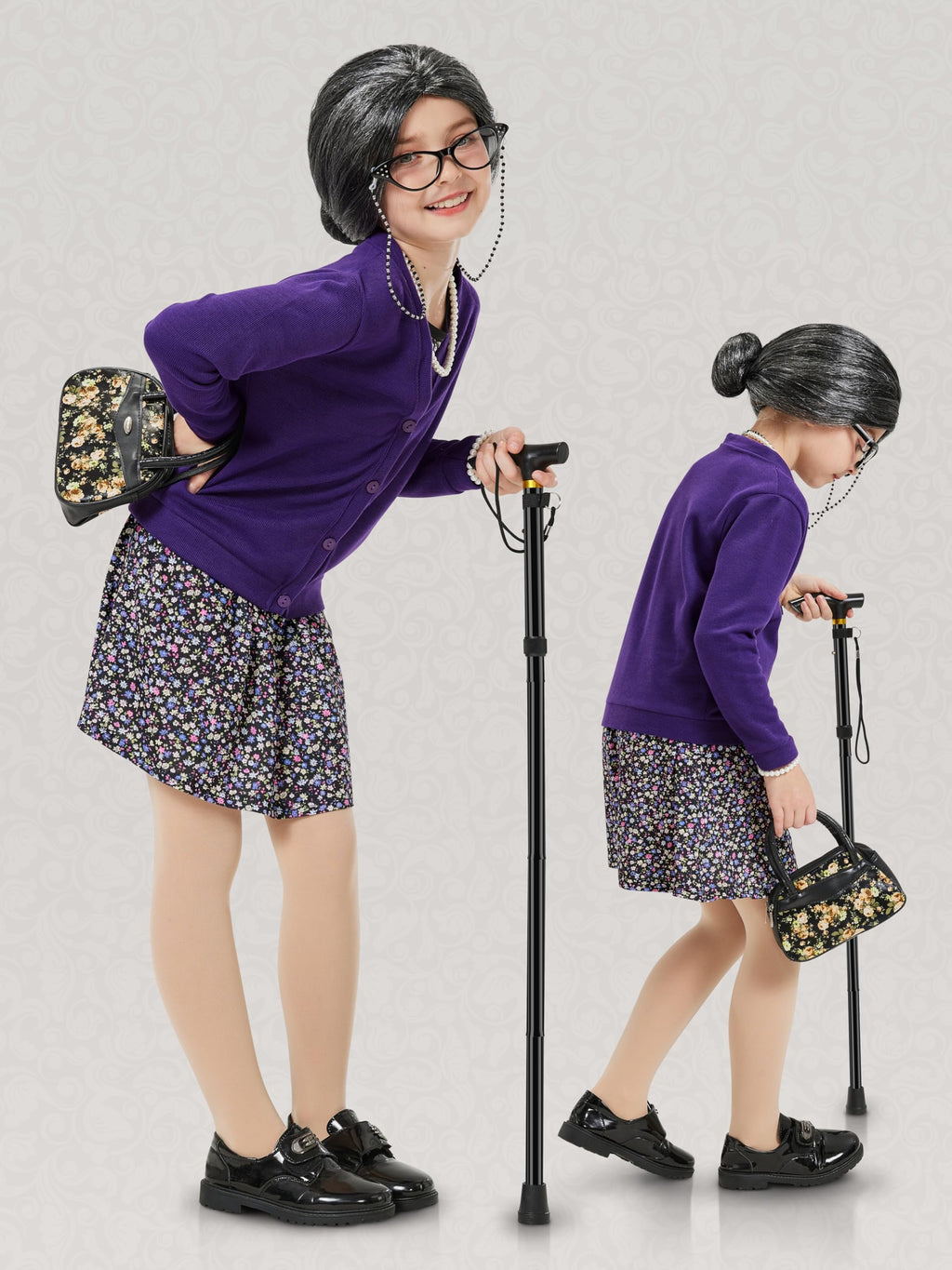 Gnodio Old Lady Costume for Kids 100 Days of School Costume for Girls 100th Day of School Granny Old Lady Dress Up Accessory Purple 5-7X