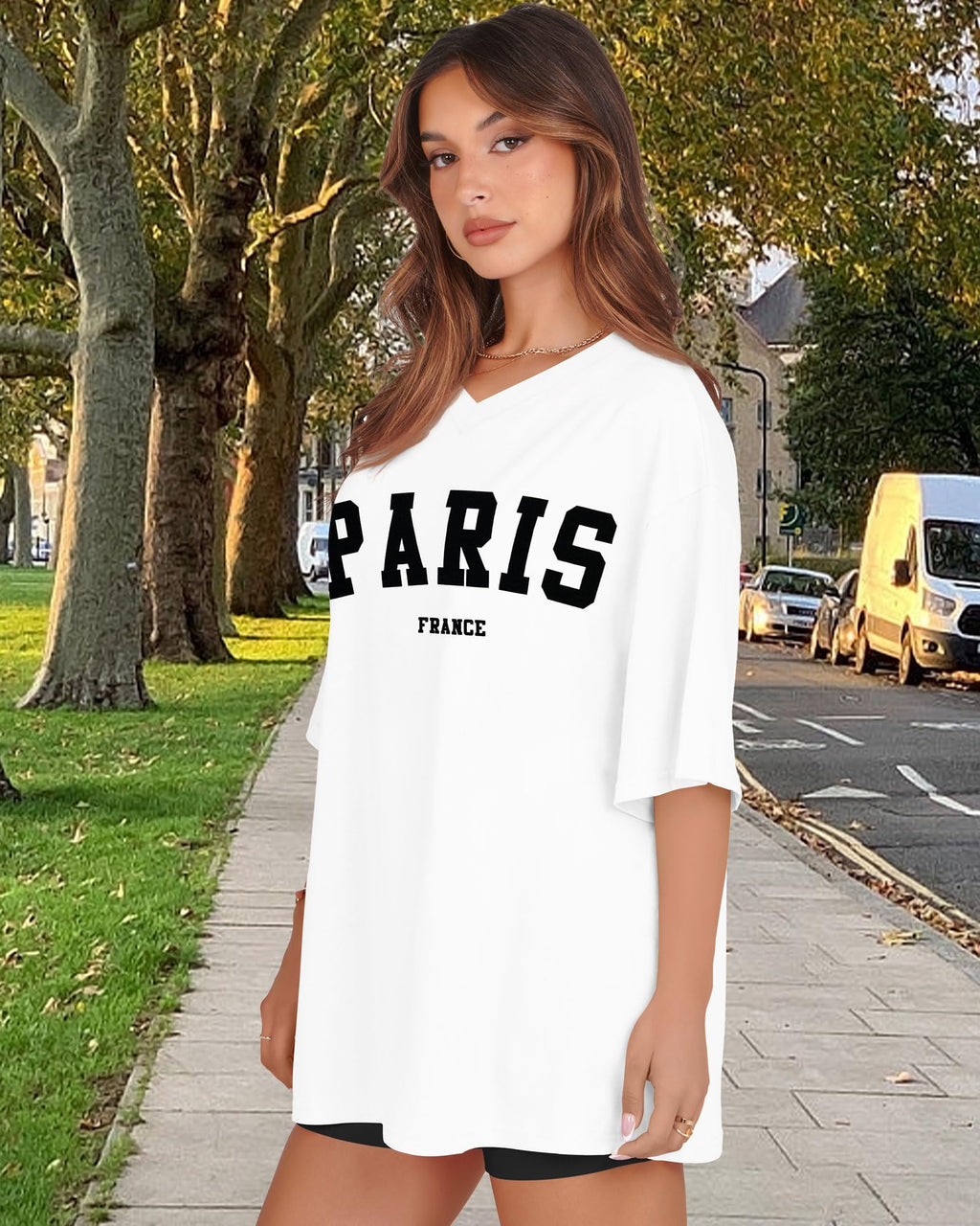 Oversized Tshirts for Women V Neck Short Sleeve Summer Casual Basic Loose Tops, White Black Letters, L