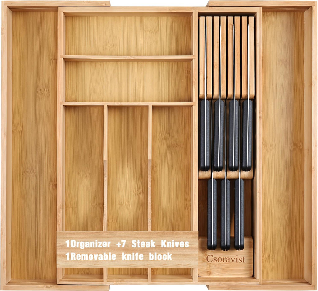 Csoravist 9-Piece Bamboo Kitchen Drawer Organizer Set, Expandable Silverware &Utensil Organizer with Removable Knife Block & Steak Knives, Flatware Organization, Tableware Dividers Storage(Natural)