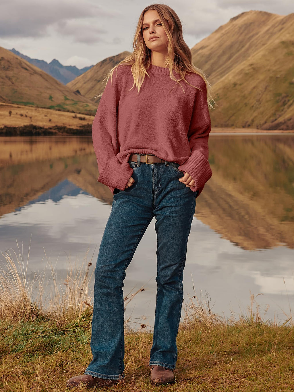 ANRABESS Women's Oversized Sweaters 2025 Long Sleeve Fuzzy Knit Casual Chunky Pullover Sweater Fall Outfits Clothes Rust - Birck Red Small