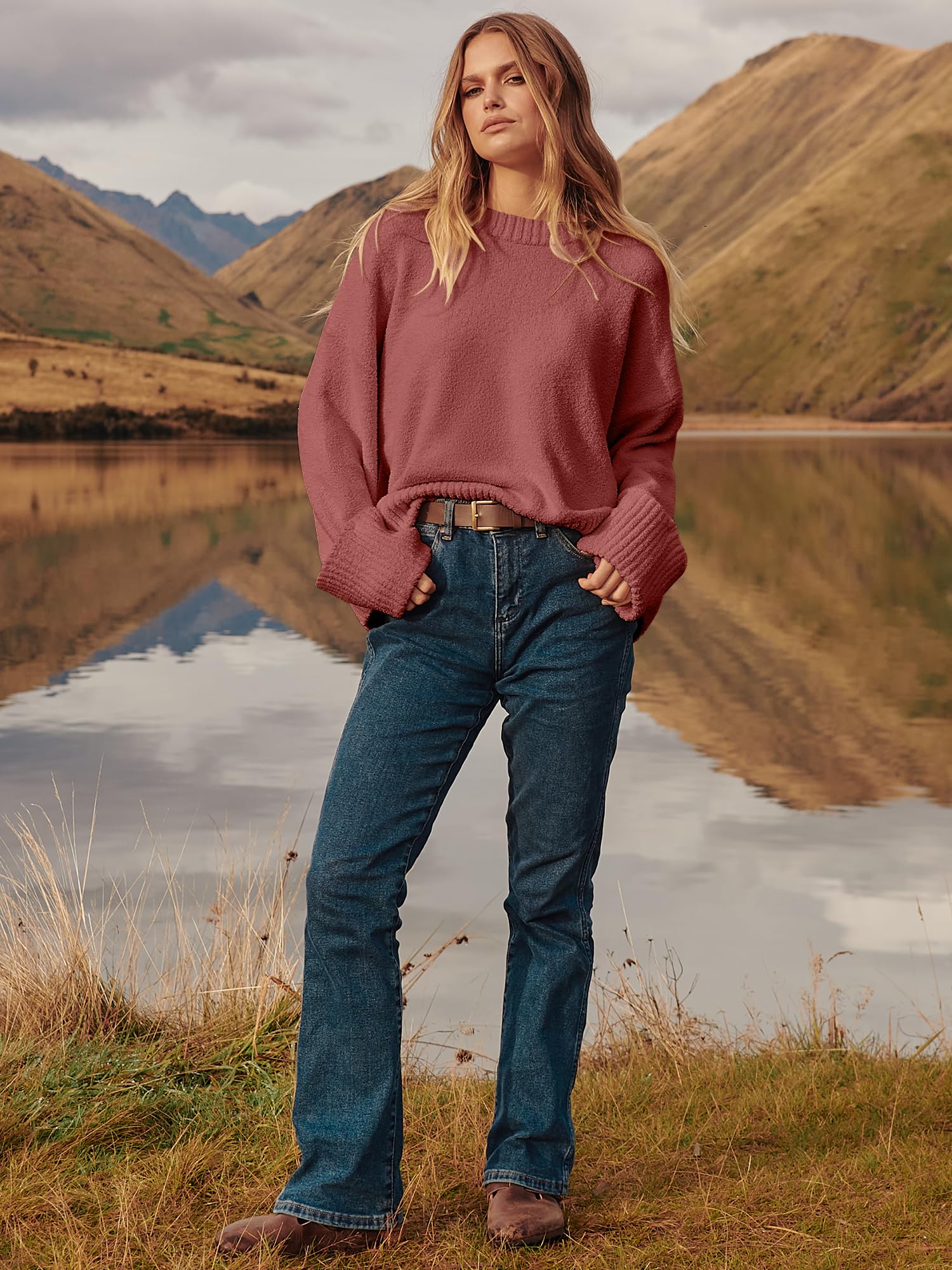 ANRABESS Women's Oversized Sweaters 2025 Long Sleeve Fuzzy Knit Casual Chunky Pullover Sweater Fall Outfits Clothes Rust - Birck Red Small