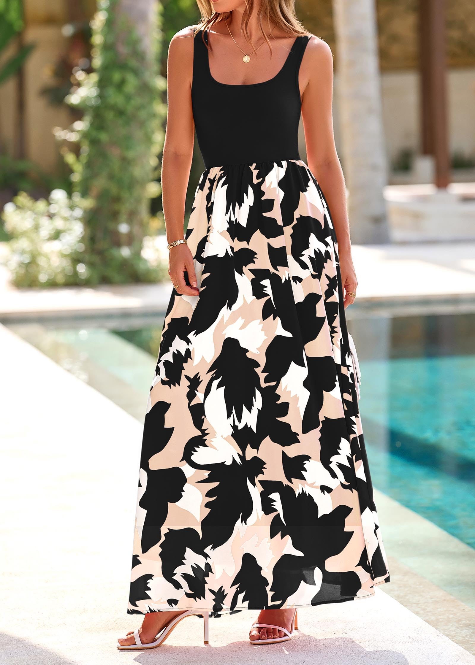 KIRUNDO Women Summer Sleeveless Boho Floral Maxi Dress 2026 Scoop Neck Tank A Line Flowy Beach Vacation Resort Wear Sundress(Black, Small)