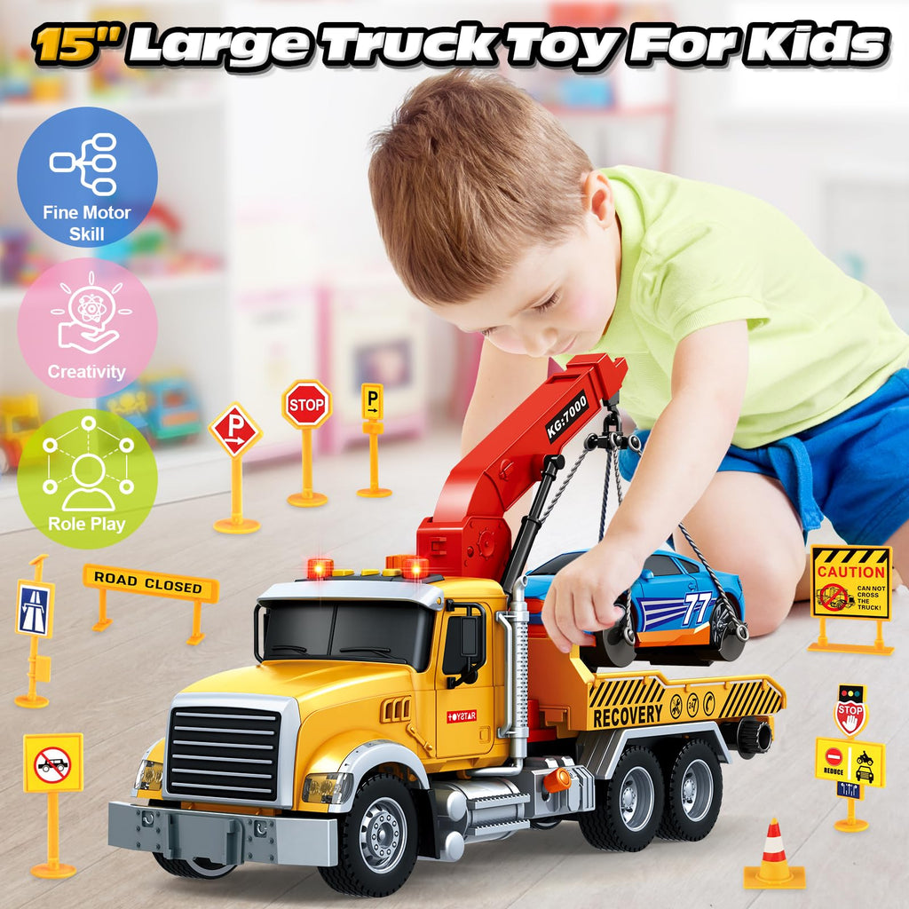 Kids Toys for 3 4 5 6 7 Years Old Boys, 15" Large Tow Truck Toy, Friction Powered Transport Truck Crane Vehicle Toy with Lights and Sounds, Racing Car, Traffic Signs, Birthday Gifts for Boys Girls