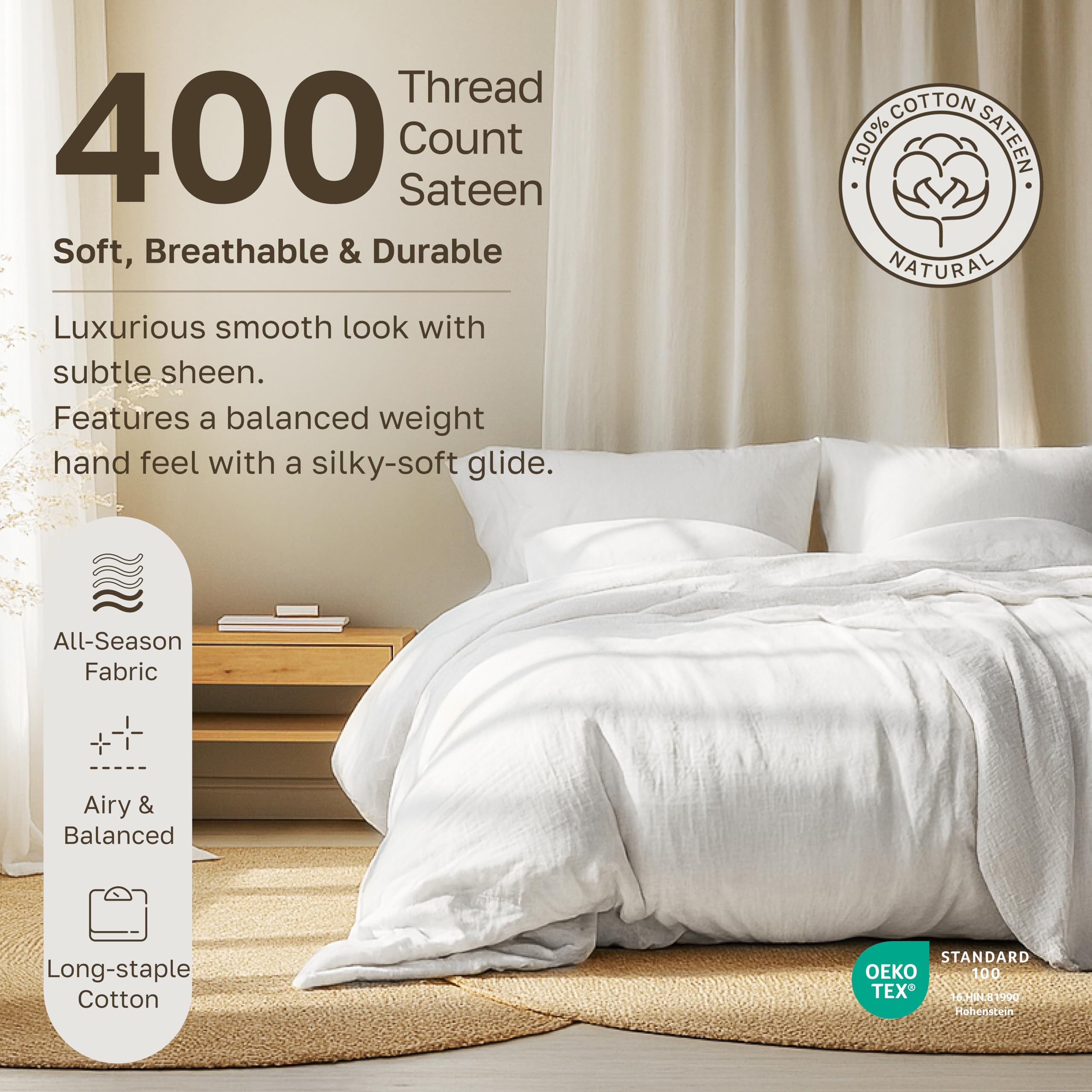 California Design Den Natural 100% Cotton Sheets Queen Size Bed Set - Soft 400 Thread Count Sateen, Queen Sheets, Deep Pockets with All Around Elastic for a Snug Fit, Durable Bedding - White