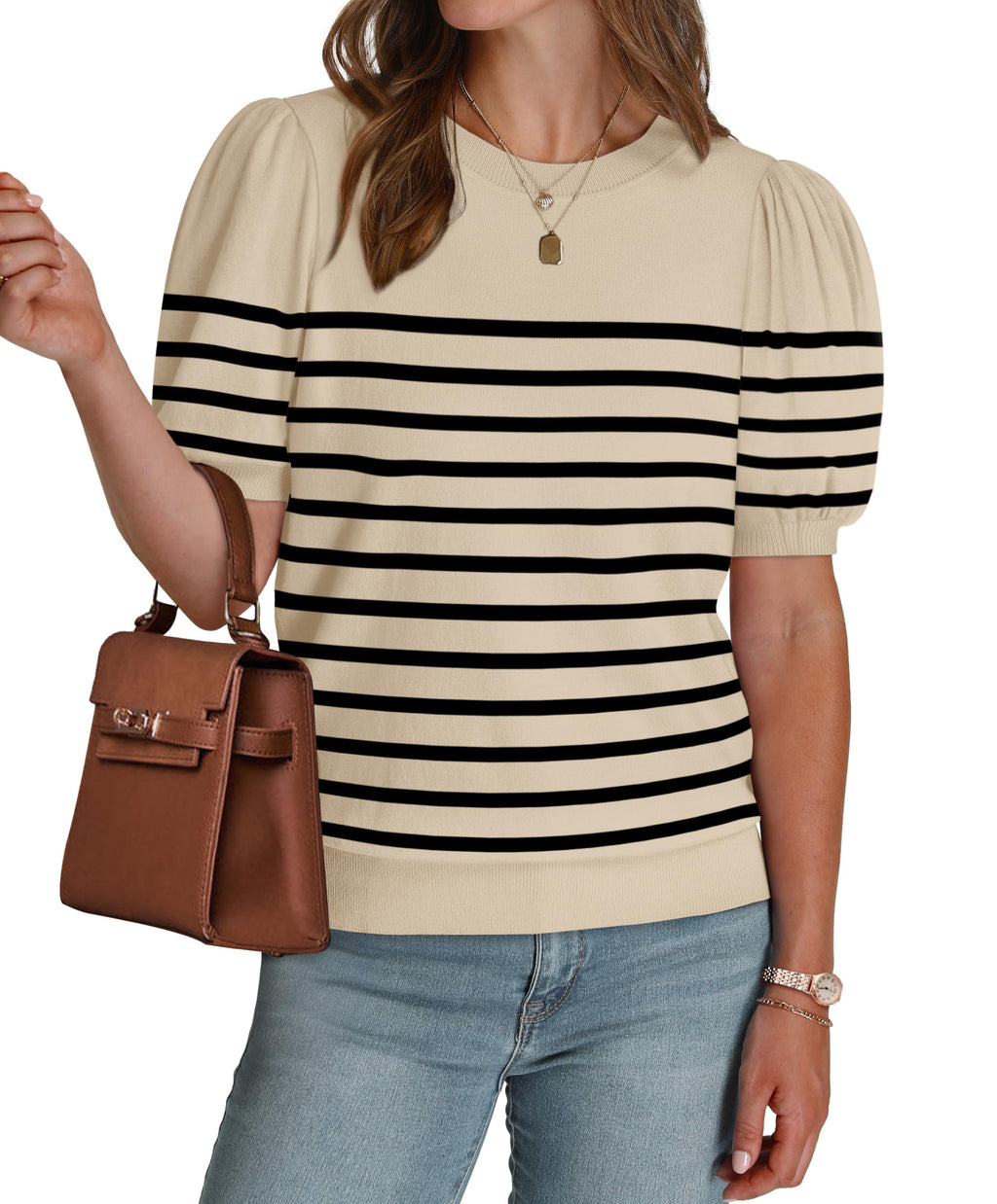 WIHOLL Womens Summer Tops Trendy Puff Short Sleeve Shirts Lightweight Knitted Blouses Spring Summer Business Casual Outfits Womens Clothes Dressy Casual Tshirts 2026 Sweaters Black Striped Shirts L