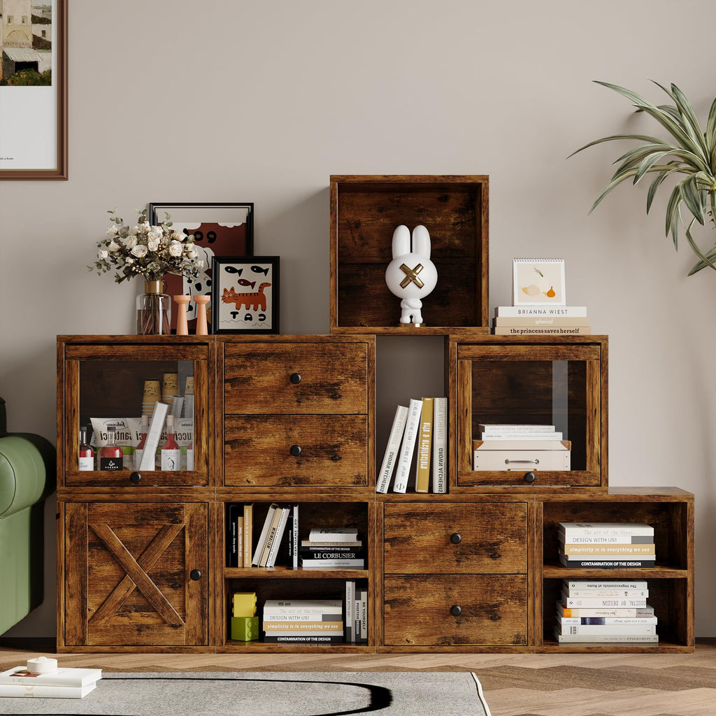 FUSUNBAO Magic DIY Cube Storage Organizer Stackable Cubes for Home Books Clothes Toy-Modular Cubby Storage System-Office Cubical-Bookcase Closet (Antique Brown, Drawer Cube)