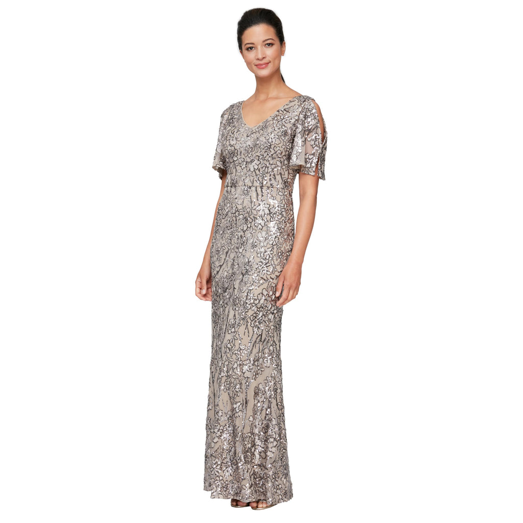 Alex Evenings Women's Long Sequin Dress with Flutter Sleeves, Mink, 6