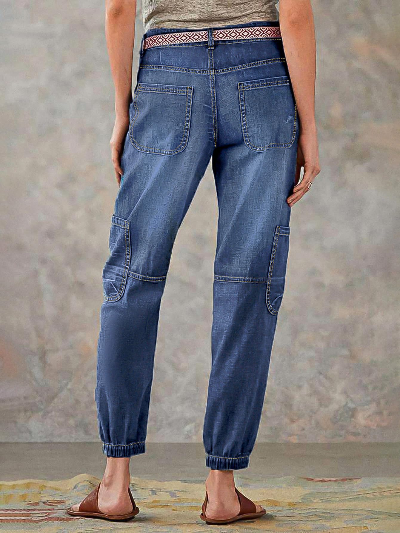 Flamingals Straight Leg Button Fly Jeans for Women Multi Pocket Mid Rise Jeans Without Belt Barrel Pants 27" Inseam Mid Blue L