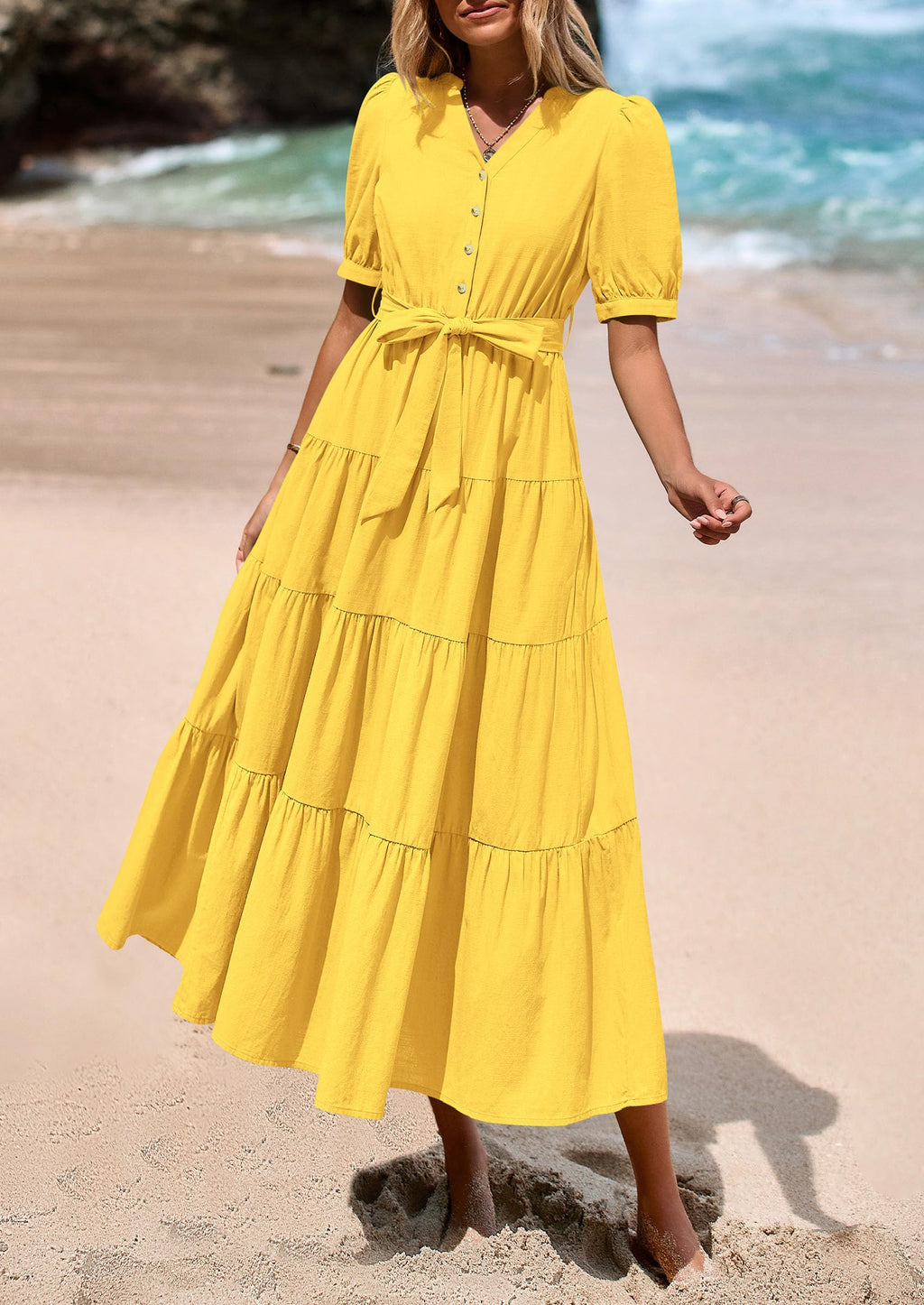 PRETTYGARDEN Summer Dresses for Women 2026 Elegant Classy Short Sleeve V Neck Ruffle A Line Belted Long Beach Vacation Dress (Yellow,XX-Large)
