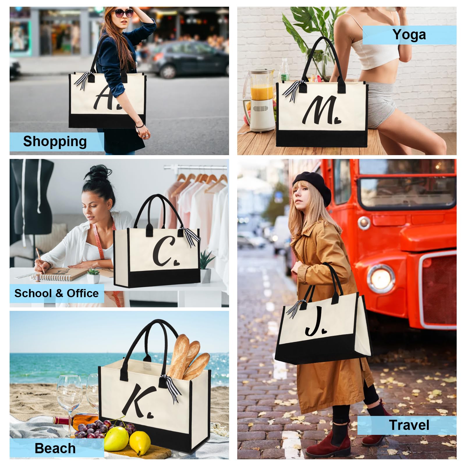 shenee Initial Canvas Tote Bag, Personalized Beach Jute Bag Present for Women Holiday, Friends Birthday Gift, Beach, Wedding (Letter S)