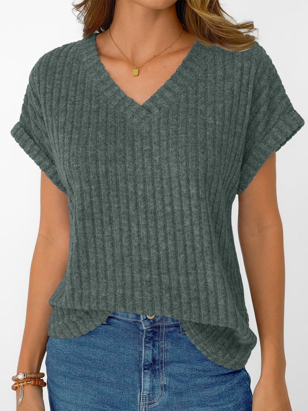 AUTOMET Womens Spring Tops 2026 Summer Dressy Casual Blouses Short Sleeve Cute V Neck Sweater Shirts Fashion Vacation Clothes Green L