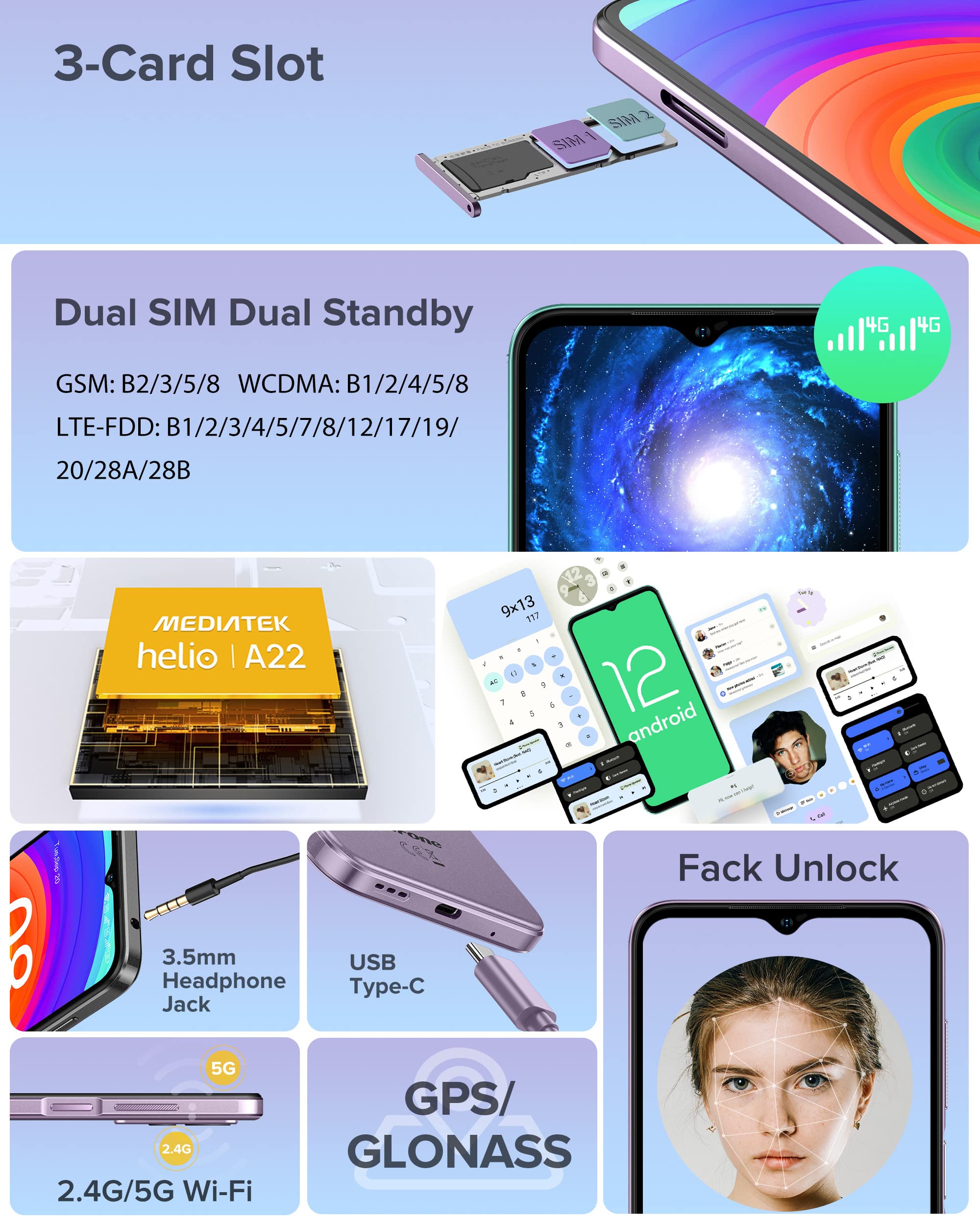 Ulefone Unlocked Smartphone, Note 14 Cell Phone Unlocked, Android 12, 6.52" IPS Full-Screen, 4500mAh, 7GB + 16GB, 3-Card Slots, 8MP Camera, Dual SIM, Face Recognition, 4G Cheap Phones - Green