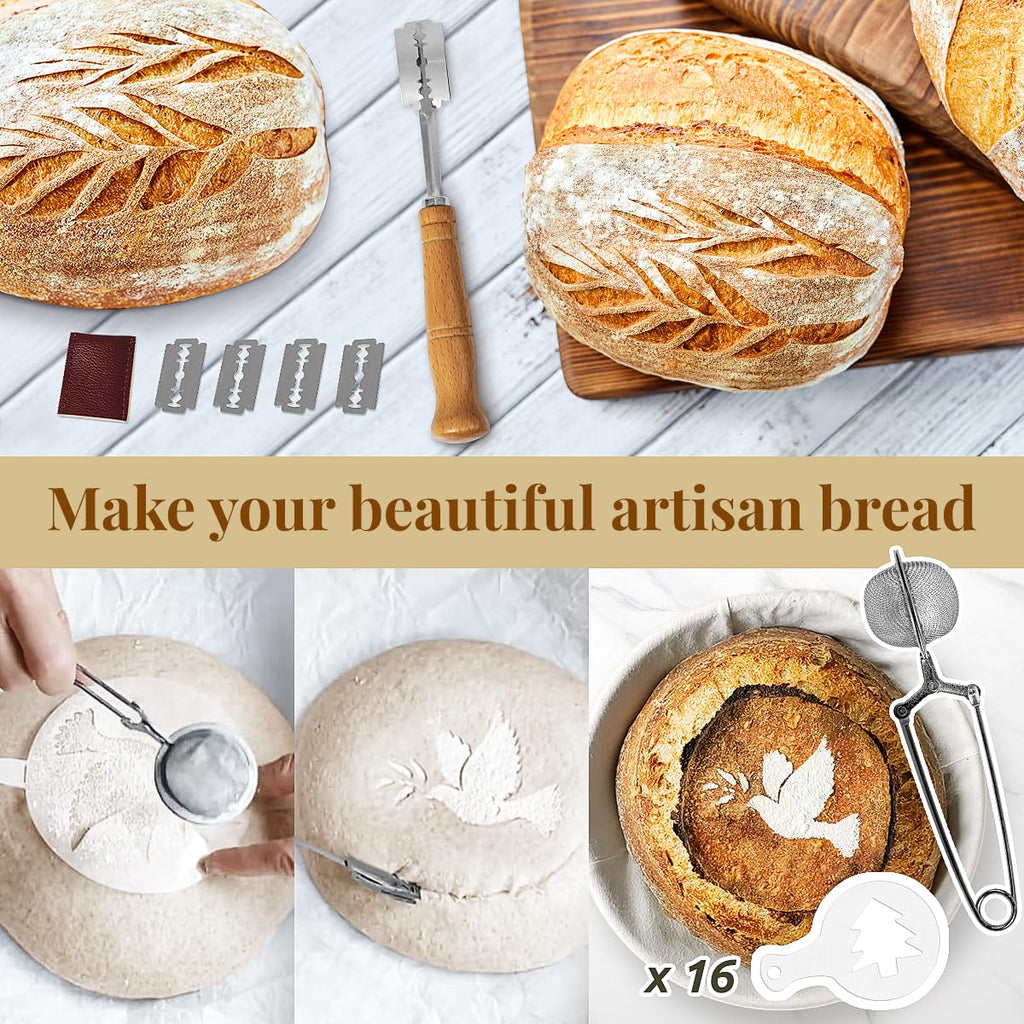 BAVIFY Sourdough Starter Kit, 9" Round & 10" Oval Banneton Bread Proofing Baskets Set, Sourdough Bread Baking Supplies Making Tools with Dough Scraper, Whisk, Bread Lame, Silicone Sling, Recipe